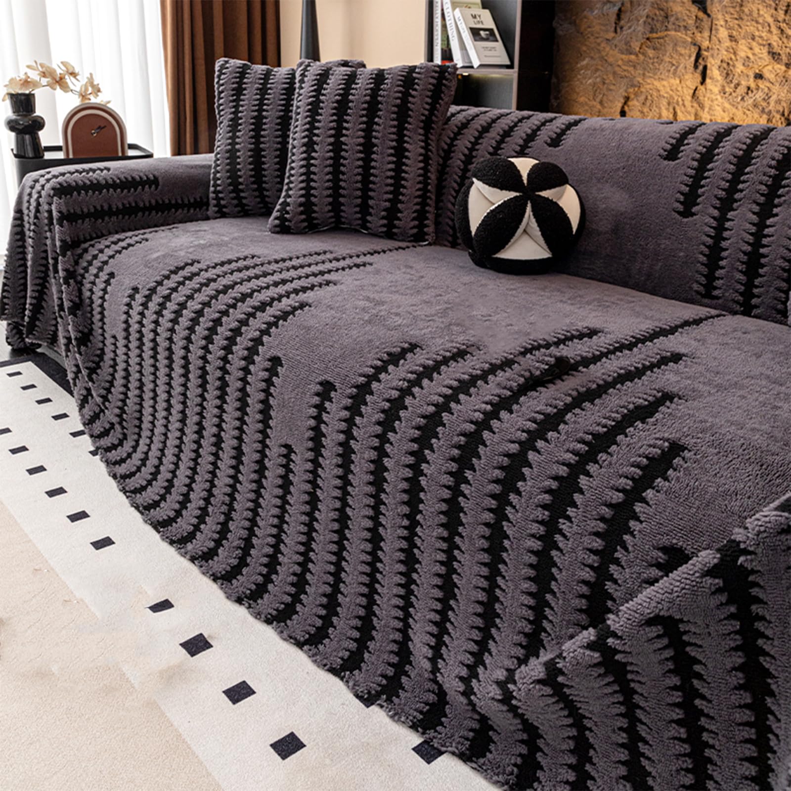 Housse de canapé en peluche pour salon chaleureux salon familial accueillant gris 180x420