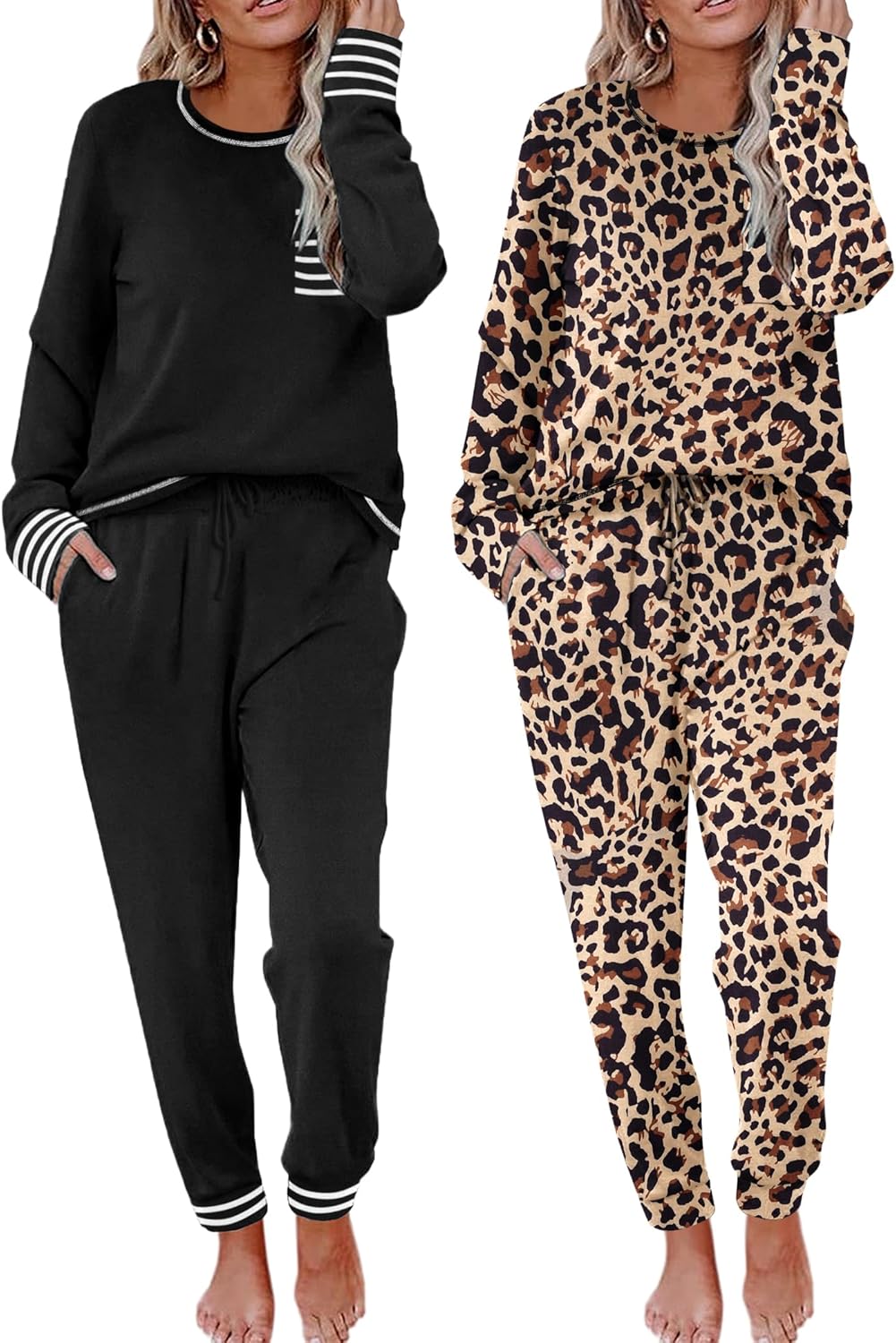 Ekouaer 2 Pack Womens Pajama Sets Long Sleeve Lounge Sets Soft Pj Sleepwear Loungewear