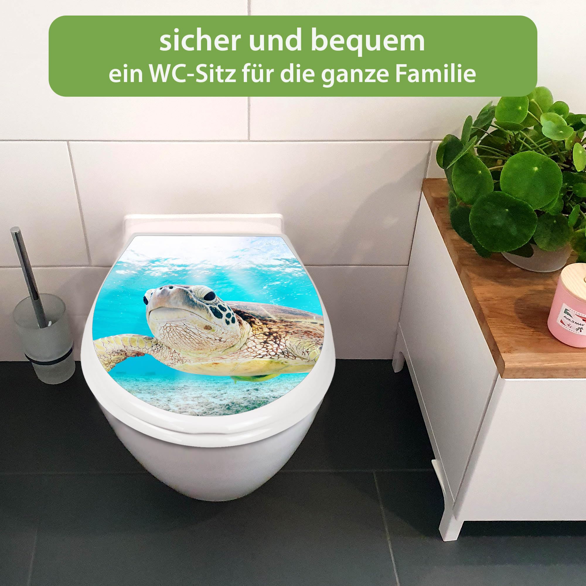 banjado Familien WC Sitz mit Absenkautomatik 44,9x37,1cm - Klobrille mit Kindersitz aus hochwertigem Polypropylen - Toilettendeckel mit Kinder Toilettensitz integriert - Motiv Schildkröte