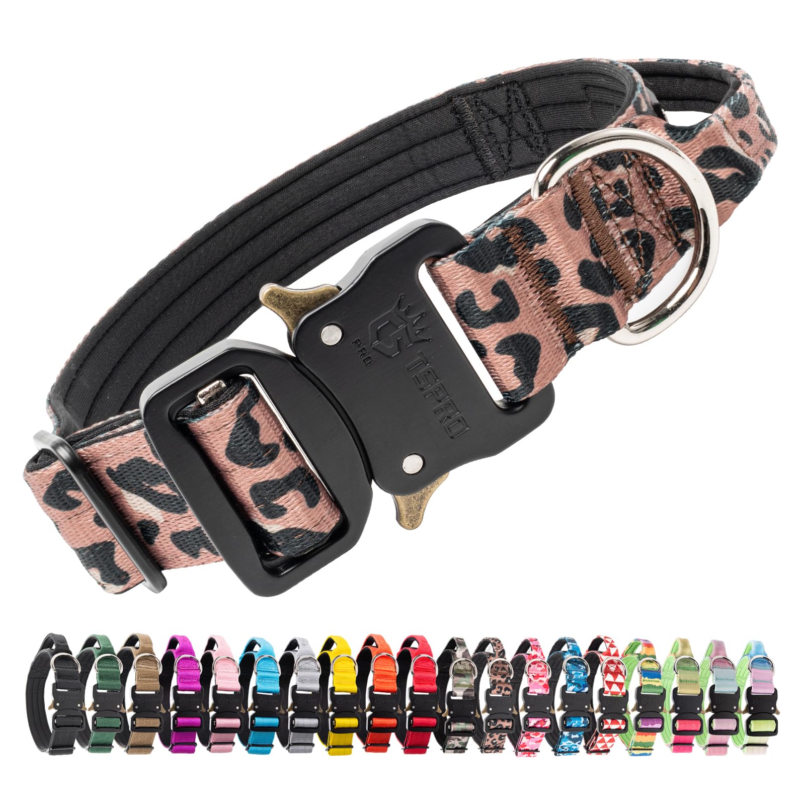 TSPRO Tactical Premium Dog Collar with Handle & Heavy Duty Quick Release Metal Buckle, Adjustable Thick Strong Collar for Medium Large Dogs (Leopard Print, M)