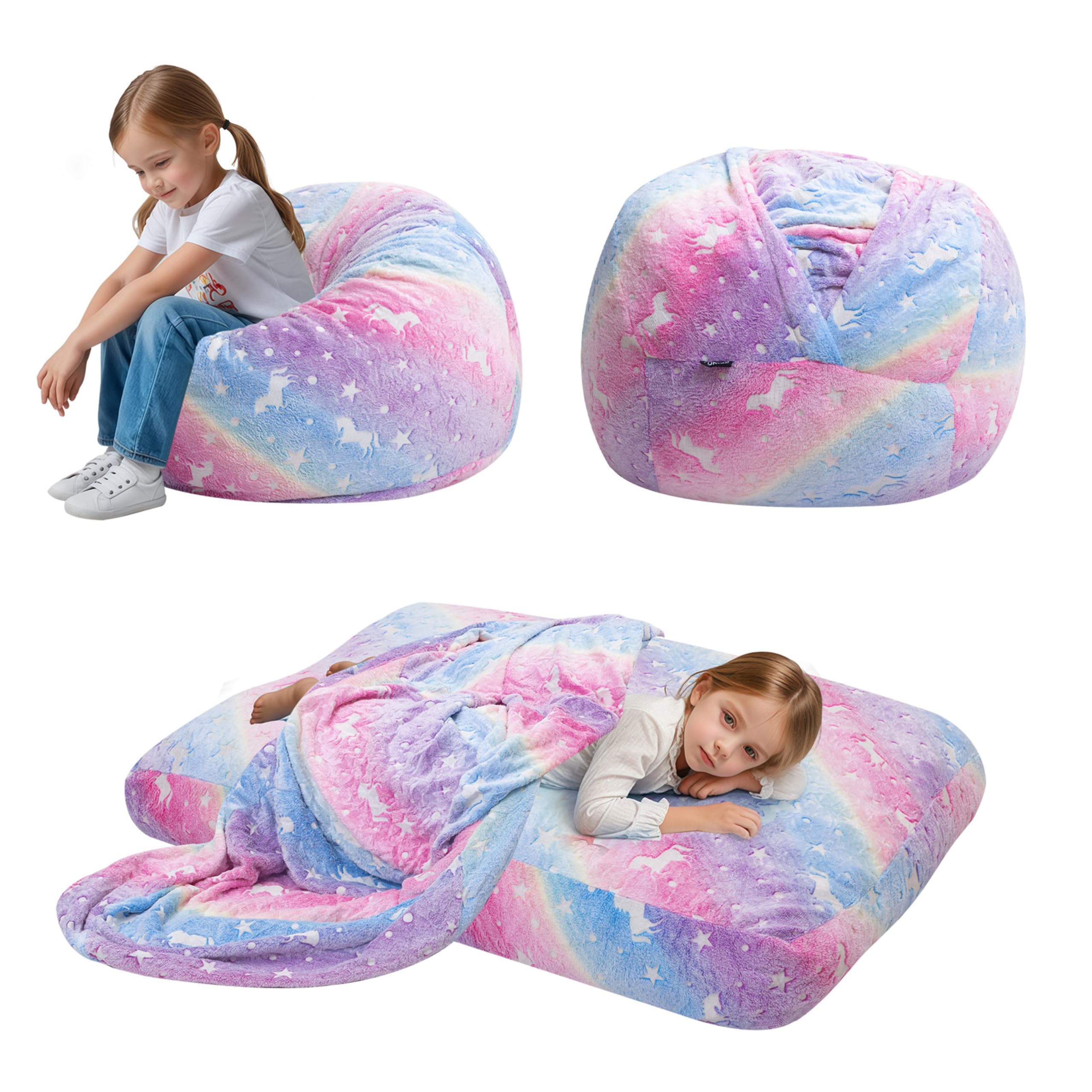MeMoreCool Sitzsack für Kinder Flauschig mit Füllung, Kinder Sessel Sitzsackbett, umwandelbarer Sitzstuhl in Bodenmatratze, Sitzsäcke fürs Kuschelecke Kinderzimmer für Mädchen und Jungen, Regenbogen