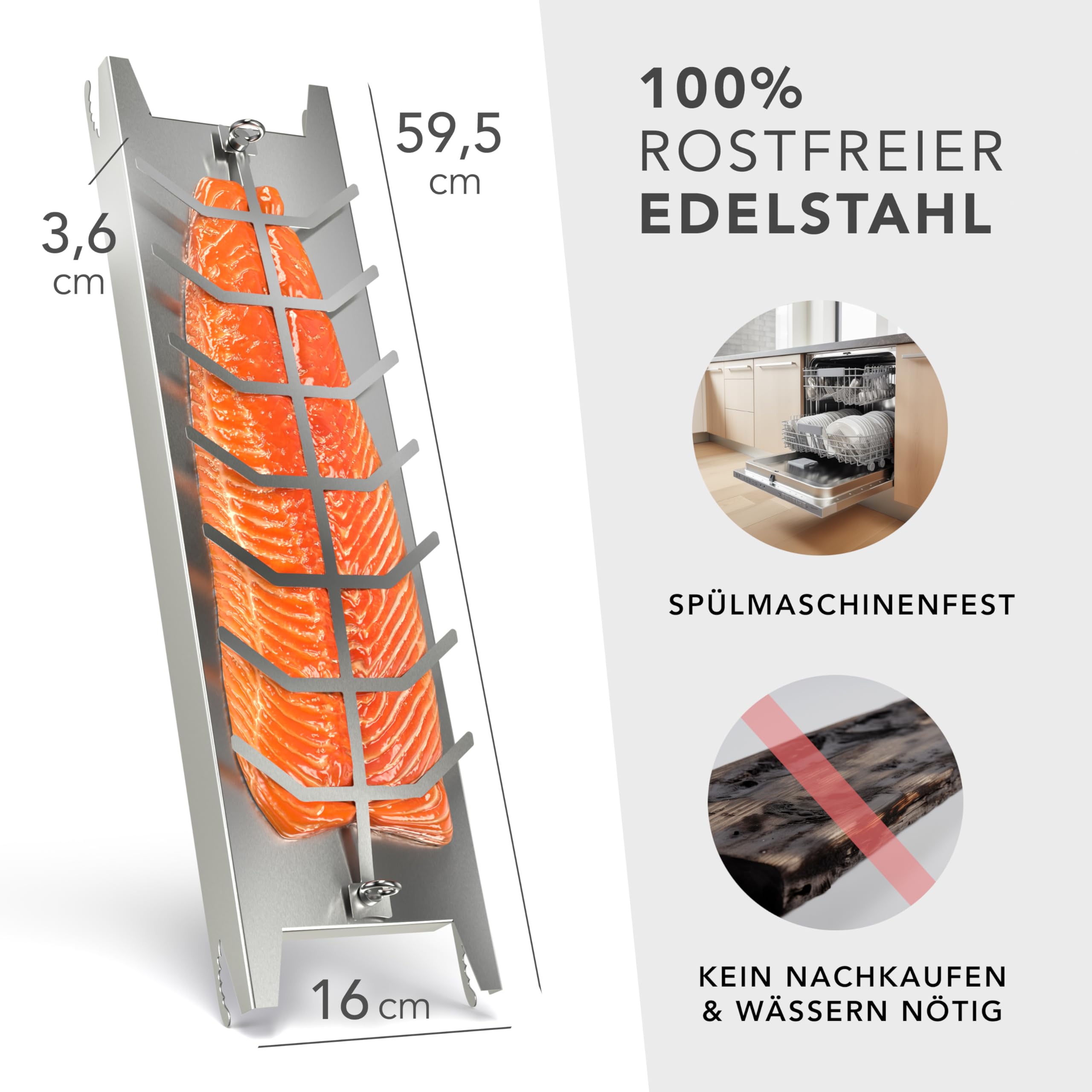 Flammlachsbrett Edelstahl 59,5cm | Extra langer Flammlachshalter passend für Feuerschalen und Grills mit Wandstärke bis 6mm, 180° drehbar | Spülmaschinenfest | Inklusive Anleitung & Rezepten (1er Set)