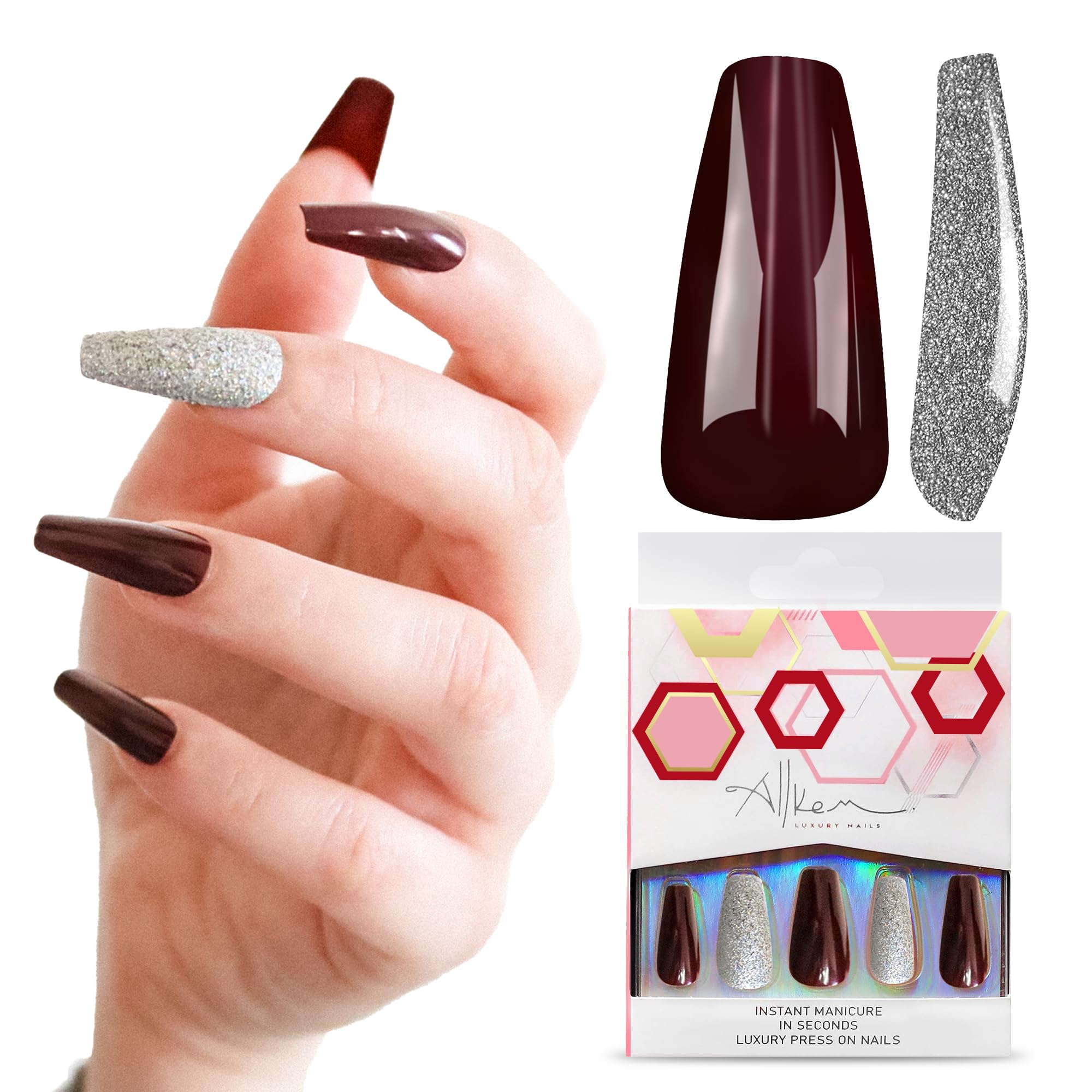 ALLKEM Fusion medium Long Ballerina Press on Nails - 20 pcs Full cover Acrylic fake Nails 10 Sizes