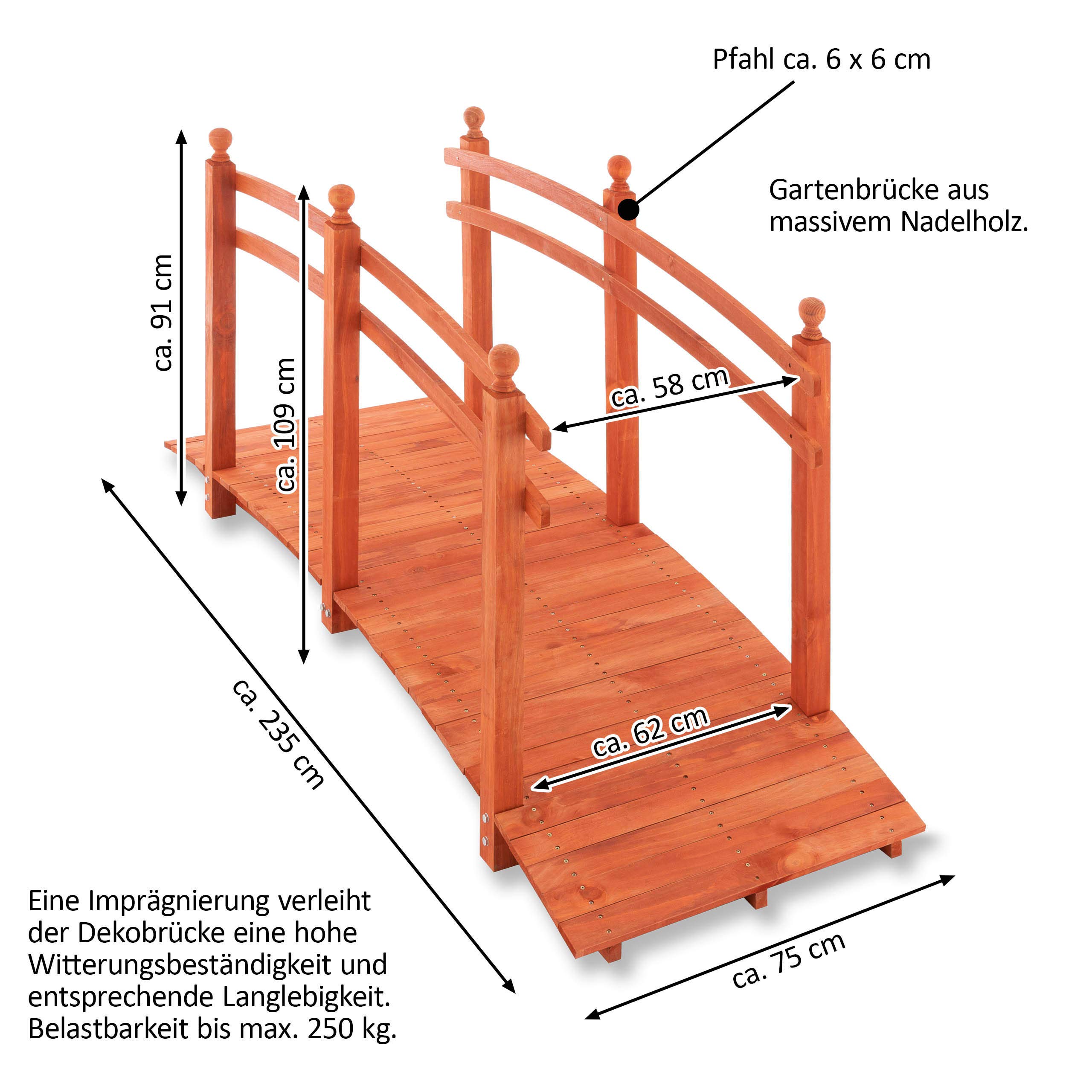 NEXOS Große XL Holzbrücke mit Geländer - Farbe: Rot-Braun – 2,35 m