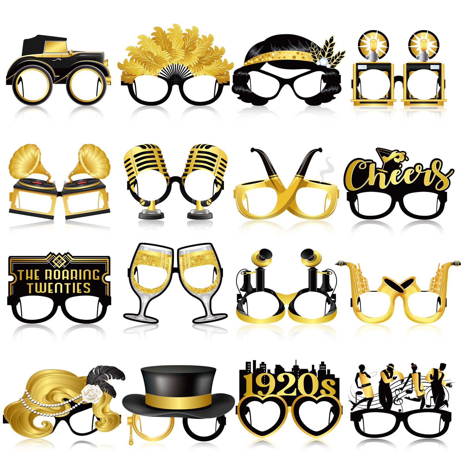32 Pcs Roaring 20s Paper Eyeglasses, Black Gold Party Props