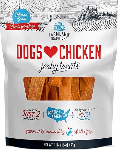 Farmland Traditions Dogs Love Chicken Jerky - Golosinas para perros, cecina premium de dos ingredientes con pollo criado en Estados Unidos, de grado