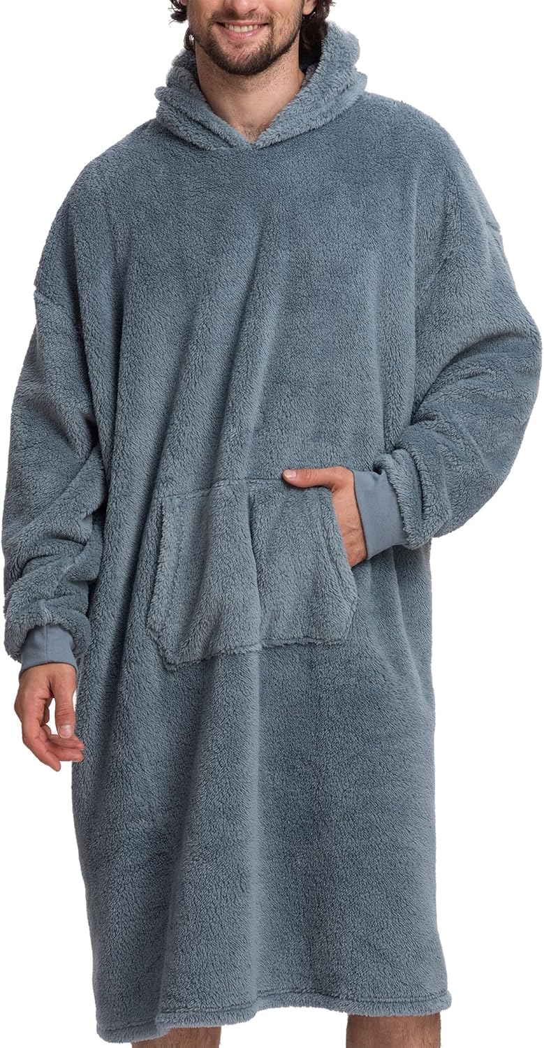 Mad Dog Men's Sherpa Fleece Wearable Blanket Hoodie - Cozy Long Sleeves Hooded Poncho Jacket For Adults, One Size