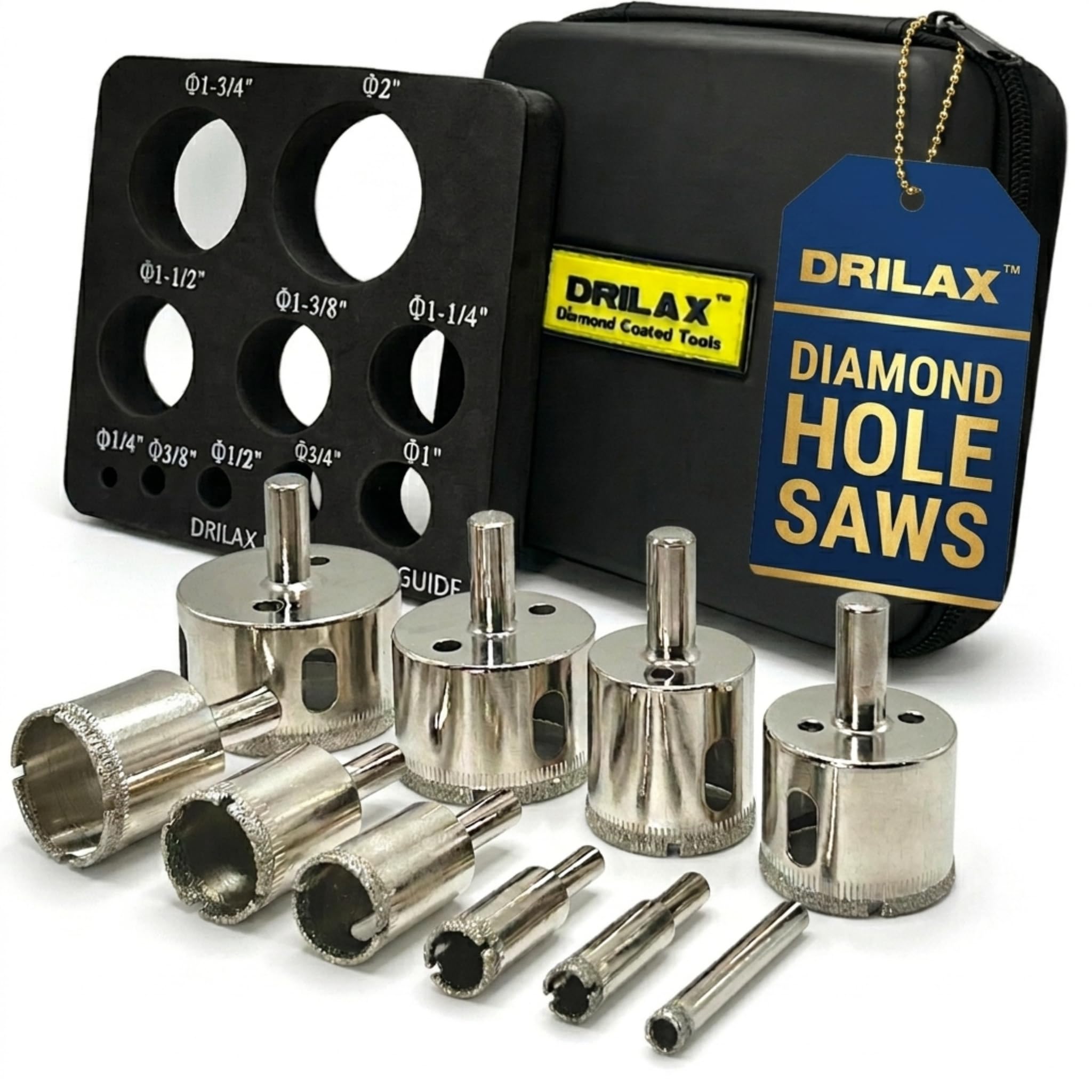 Drilax Diamond Hole Saw Kit for Tile and Glass, 10 Pc Drill Bit Set 1/4 to 2 Inch with Guide, Ceramic Porcelain Granite Stone Core Bits for Drill,