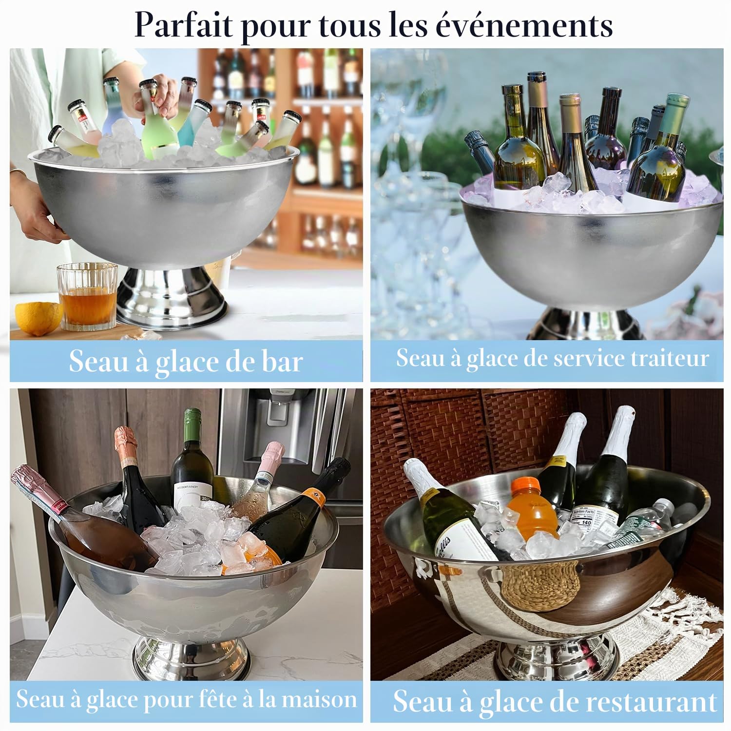 Grand seau à glace de qualité supérieure de 12 L pour fêtes – 40,6 x 40,6 x 25,4 cm – Seau à boisson en acier inoxydable argenté avec pelle – Seau à glace isotherme pour bar à cocktails, bières et