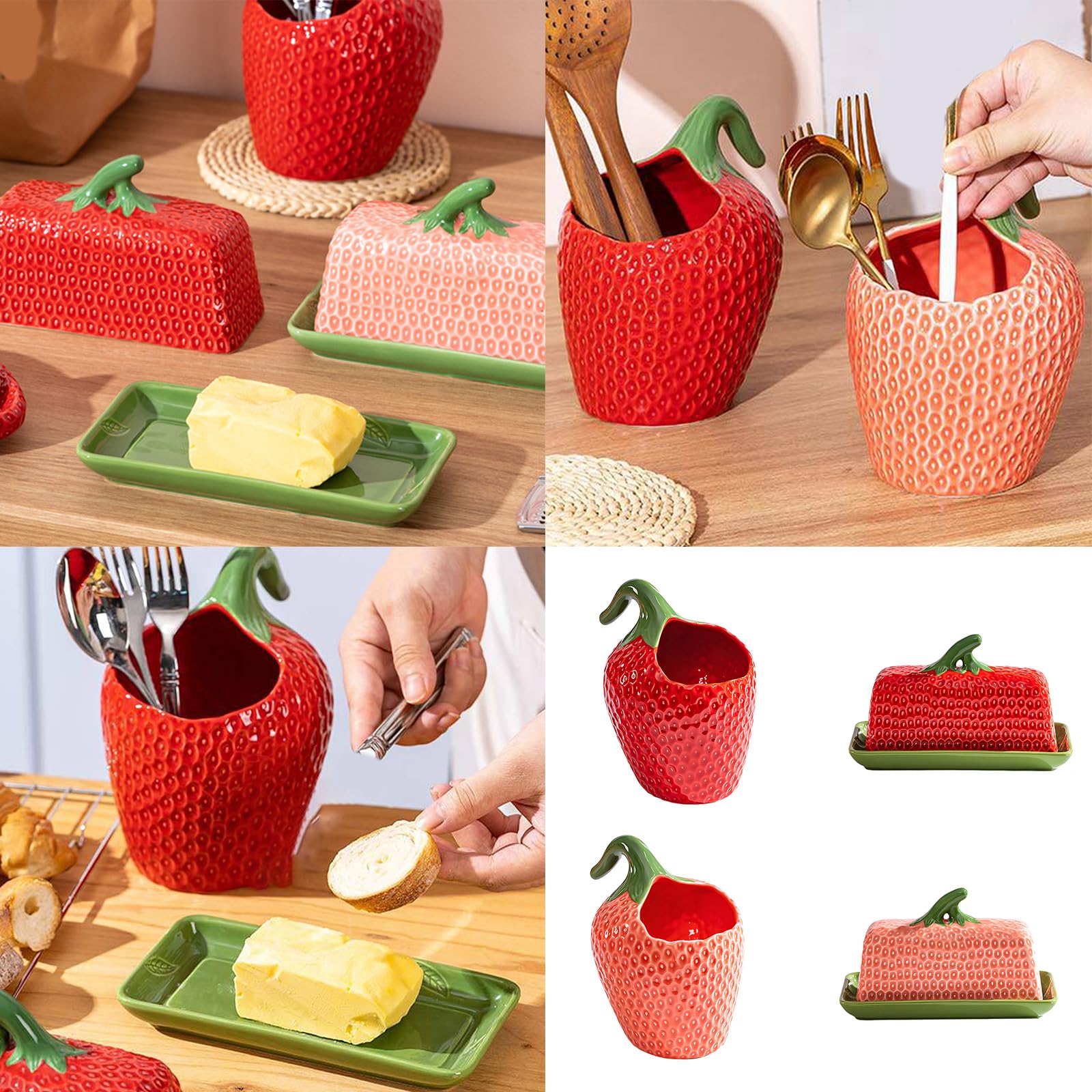 Contenedor de mantequilla con acento de de cerámica, textura de fruta elevada, forma de fresa brillante para estación de café, decoración de cocina de cerámica, contenedor de encimera de fresa,