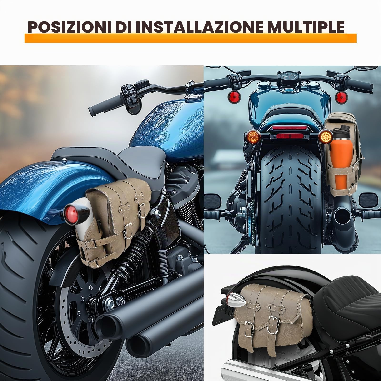 DREAMIZER Borse Moto Laterali in Pelle Sintetica Borsa da Sella Universale con tasca per Borraccia Accessori per Moto Impermeabili Compatibile con Harley Honda Kawasaki Suzuki Yamaha