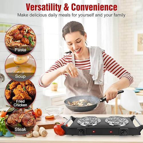 Miniatura 4 de Placa caliente de 2000 W, estufa eléctrica portátil para encimera, quemadores de bobina doble con control de temperatura de 5 niveles y asas que se