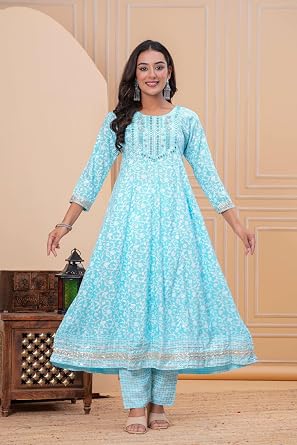 KIRAT Womens Cotton Anarkali Kurta Set with Pant and Dupatta | Elegant Floral Printed Long Kurti