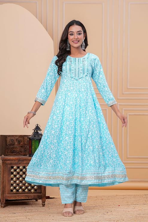 KIRAT Womens Cotton Anarkali Kurta Set with Pant and Dupatta | Elegant Floral Printed Long Kurti