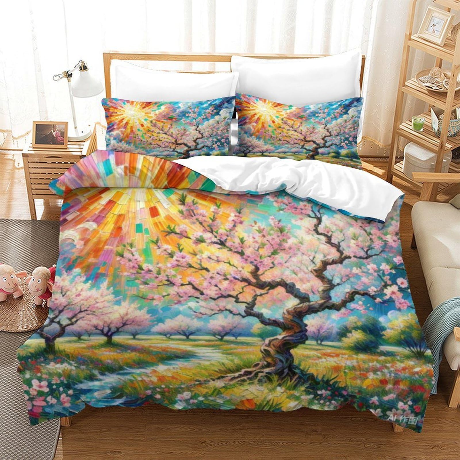 Housse de couette fermeture eclair fleurs de peche