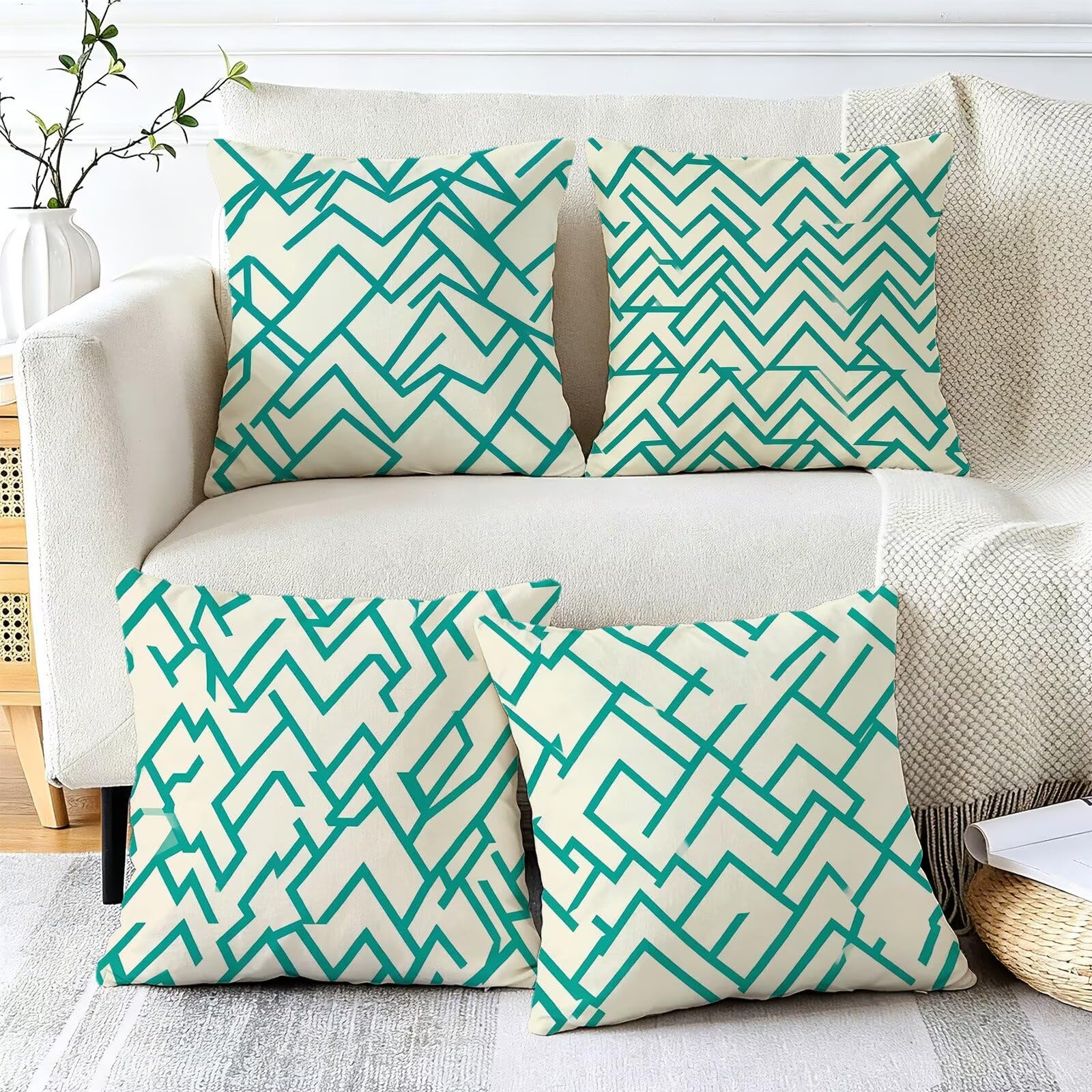 Blu Federe Cuscini Divano 60x60cm, Cuscini da Esterno Set de 4, Cod-166 | Lin Copricuscini Decorativi Letto Arredo, per Letto, Soggiorno, Giardino, Esterno, Casa Decorazione Set di 4 Linea