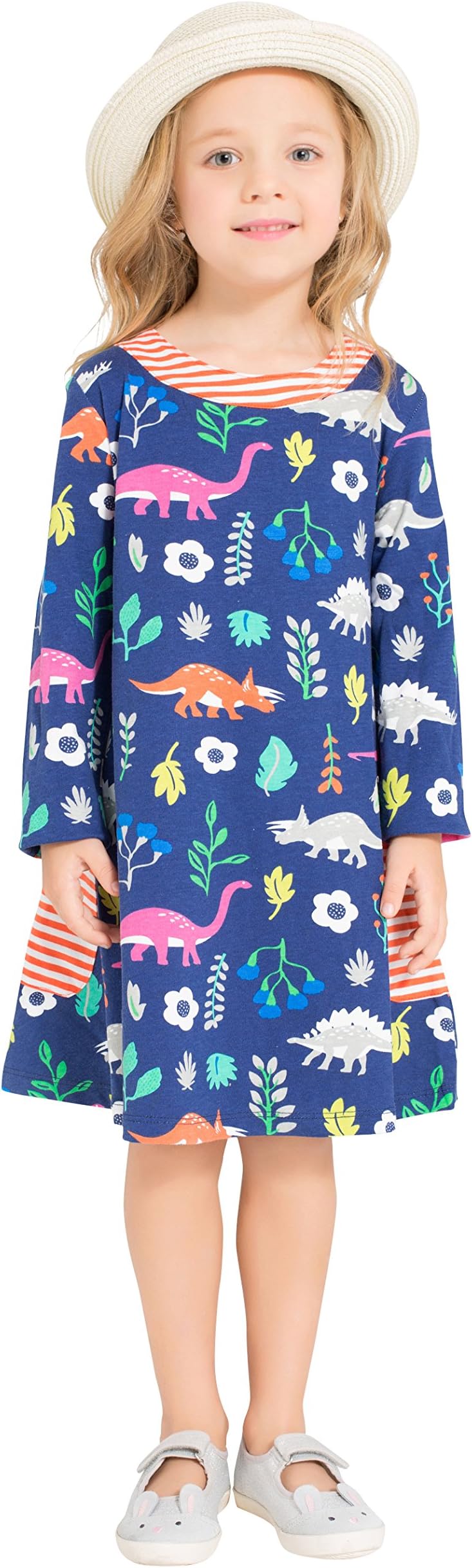 Zebra Fish Girls Cotton Cute Long Sleeve Casual Dresses Good Print and Stripe Pockets Size 7-8