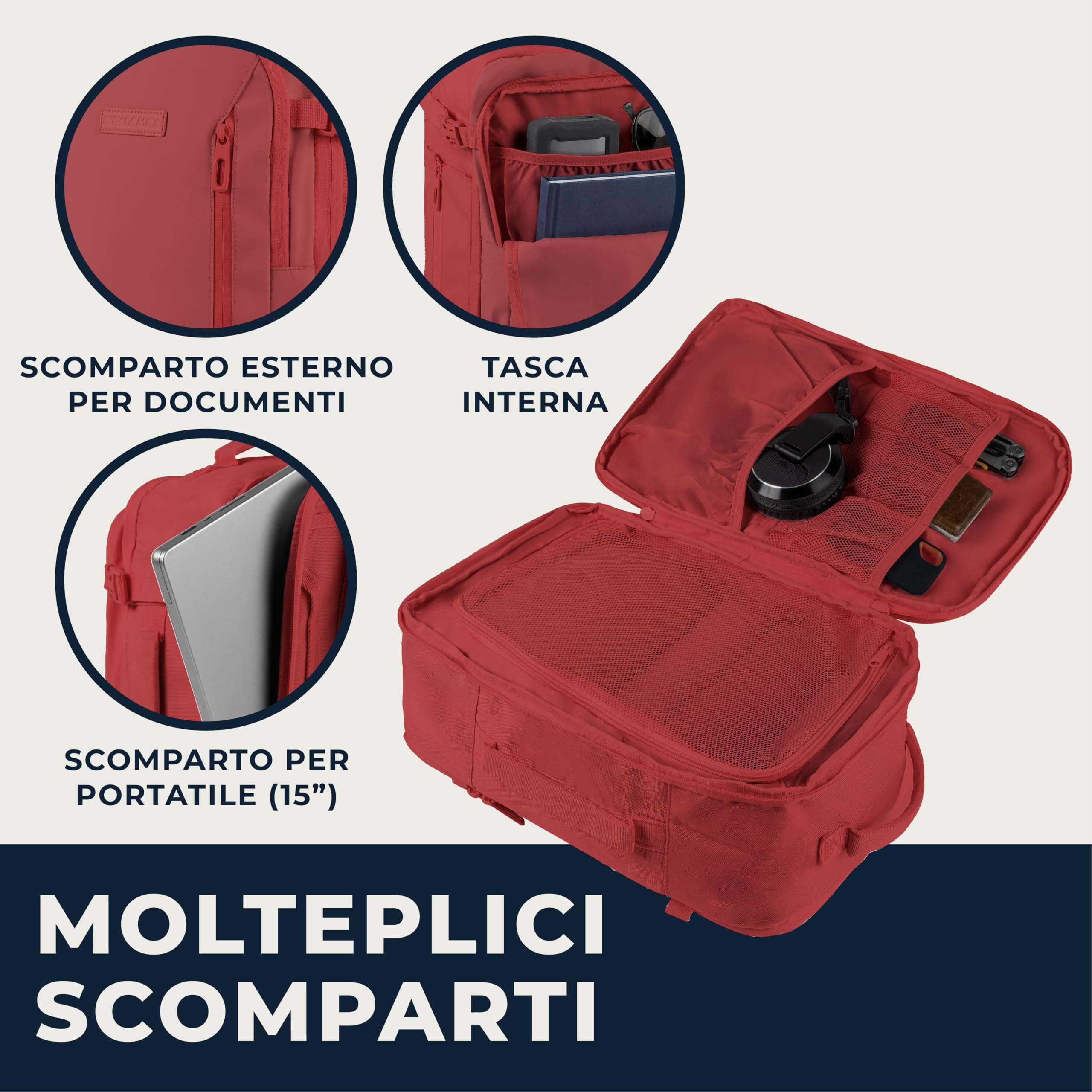 Zaino Bagaglio A Mano 40x20x25 Ryanair, Zaino Borsa 20L Voli Low Cost Easyjet - Rosso