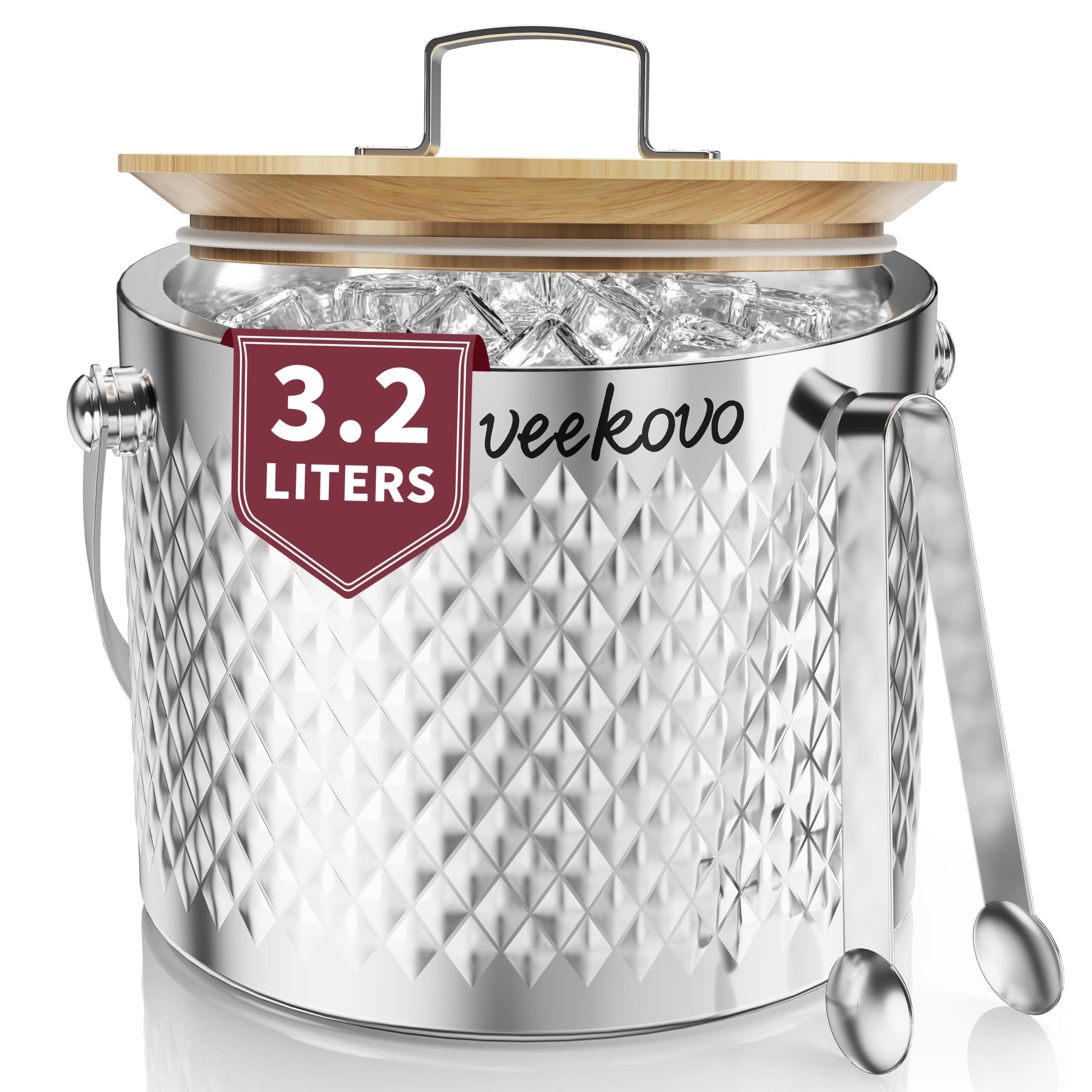 3.2L Seau à Glace Isotherme Avec couvercle et clip, Seau à Glace en Double Paroi en Acier Inoxydable, Rafraîchisseur Champagne pour Bouteille Bar Anniversaires Fêtes Pique-niques (Motif losange)