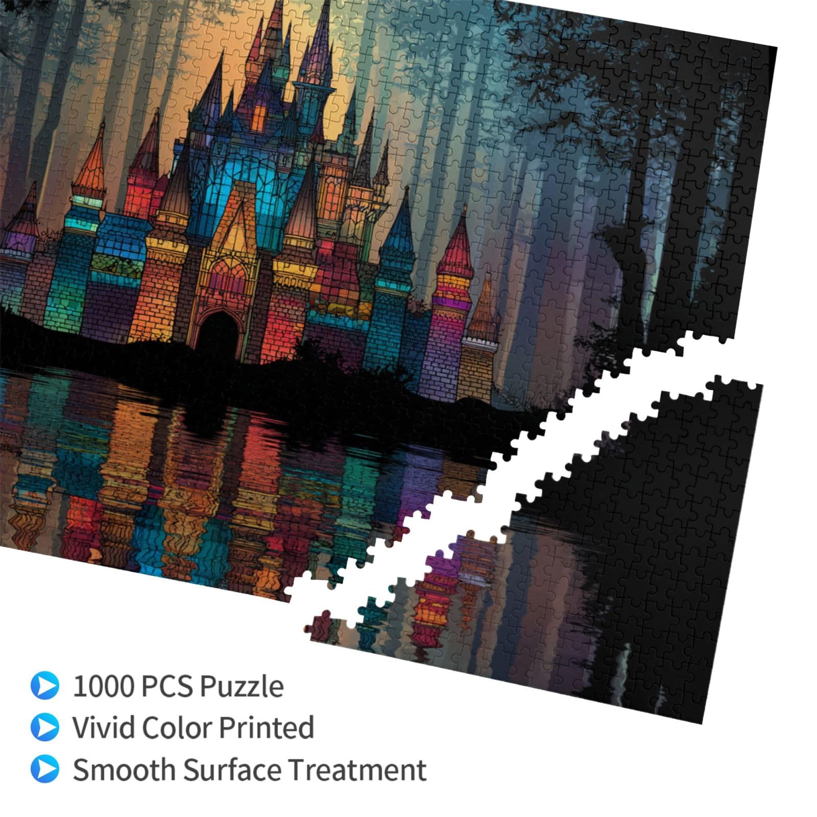 Puzzle pour adultes de 1000 pièces, château fantaisiste dans une forêt luxuriante avec reflet lumineux, convient pour les amateurs de puzzle et les amateurs de contes de fées lors de dîners
