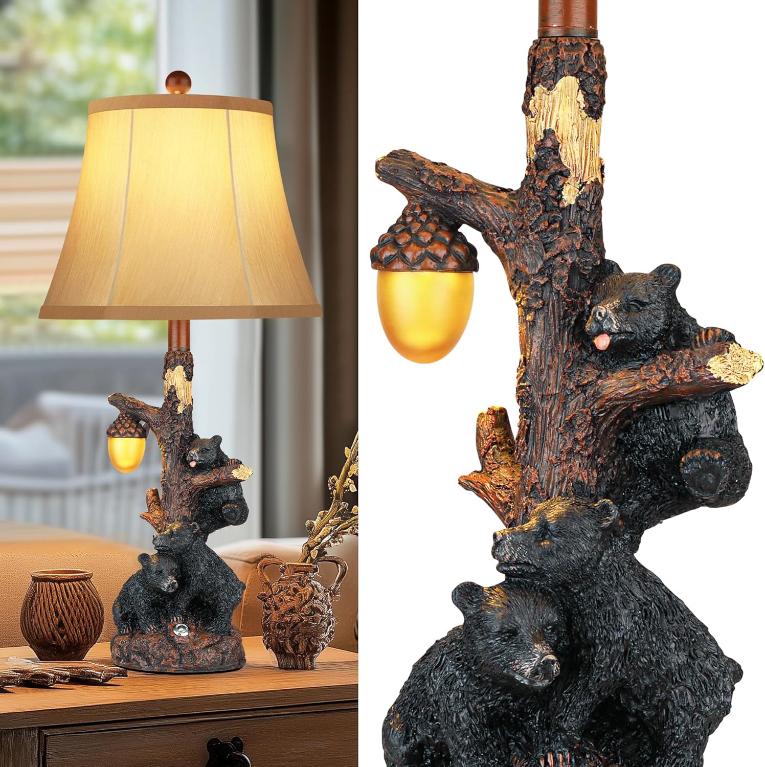 Set of 2 Bear Bedside Table Lamps for Bedroom with Nightlight & USB A+C,Touch Accent Cottage Table Lamps for Living Room,Farmhouse Rustic Animal Nightstand Lamps for Western Cabin Christmas Decor