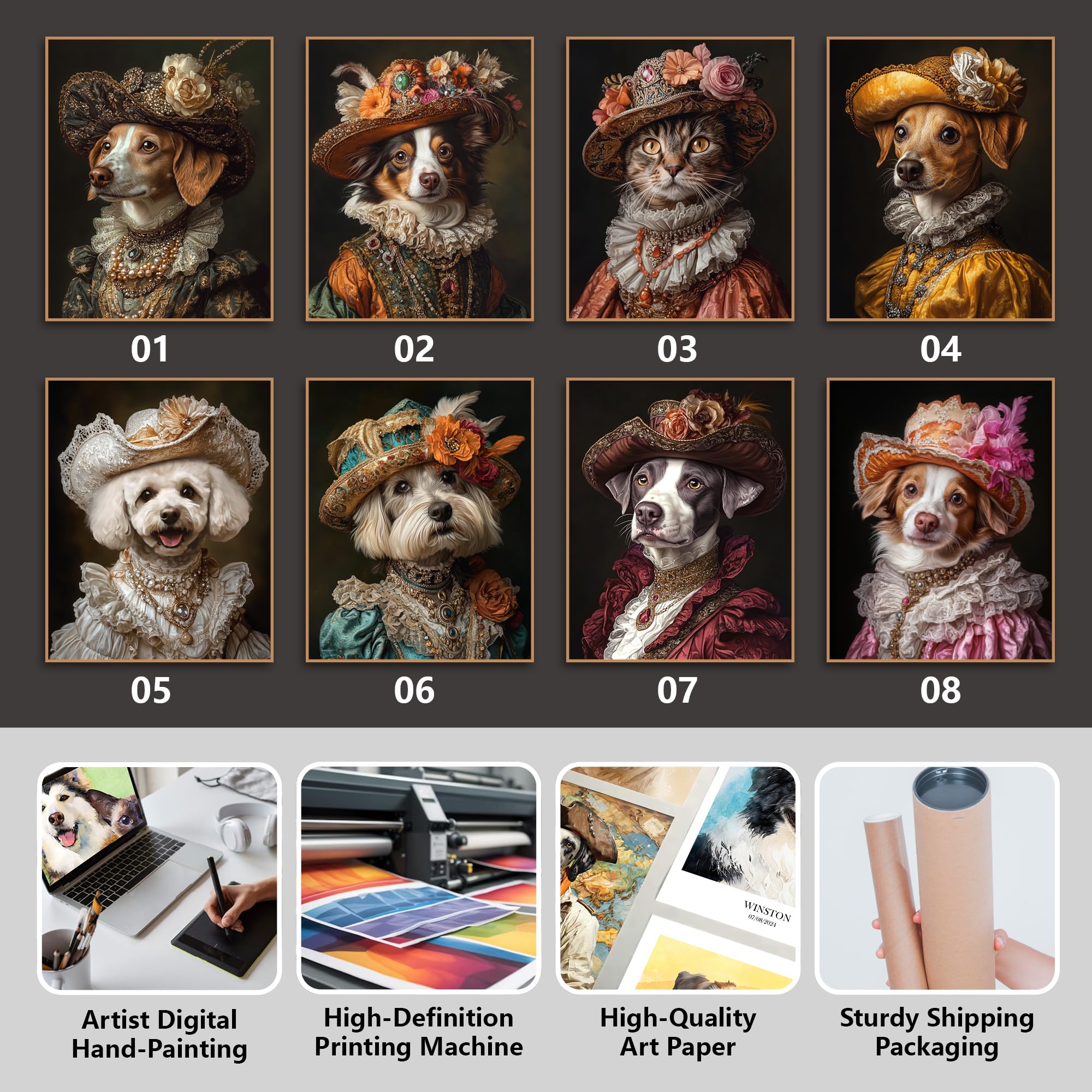 Gleamify - Custom Pet Portrait from Photo,Cat/Dog Memorial Gifts,Personalized Dog Wall Art poster/canvas in Royal Oil Painting Style,Funny dog Portraits (Lady)