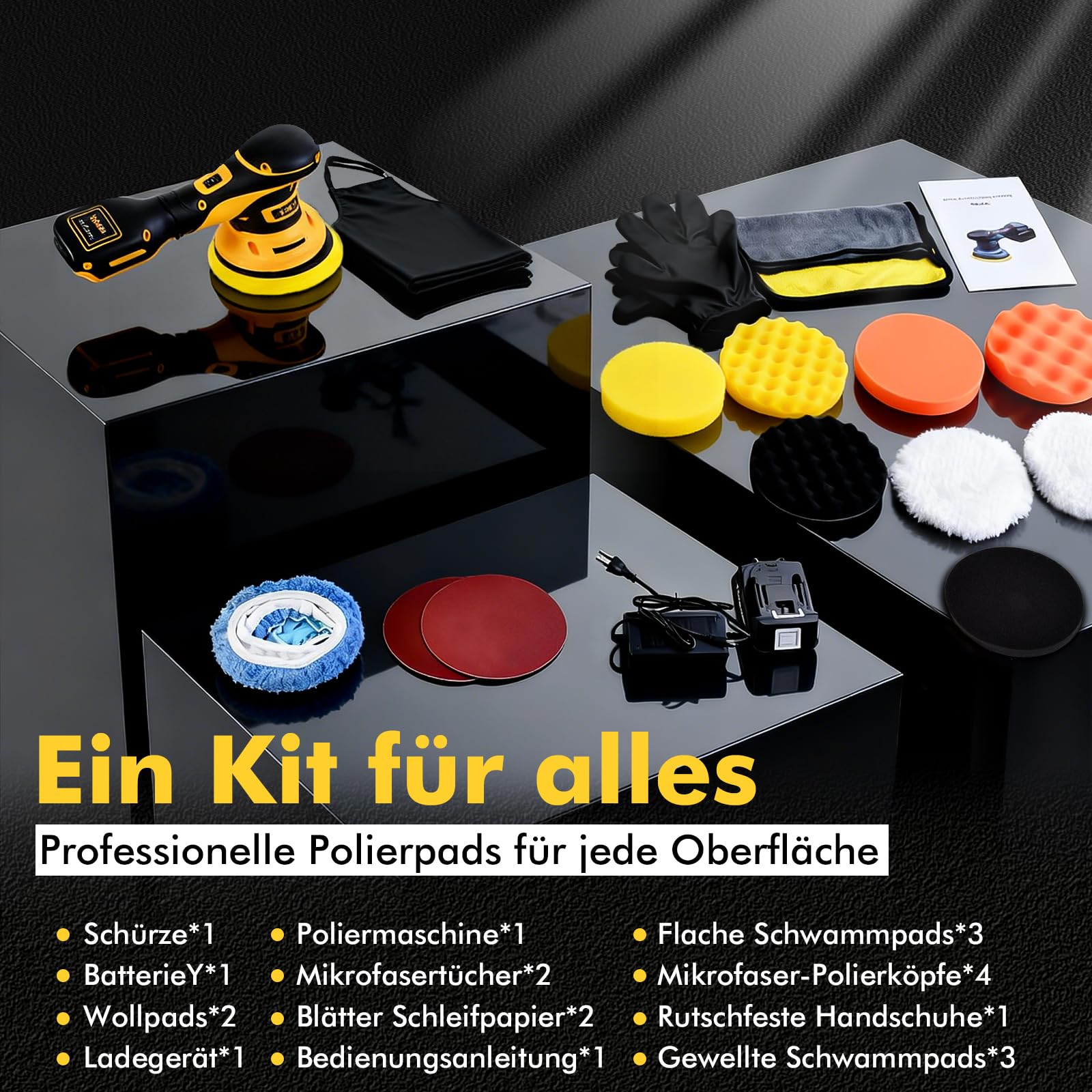 Polishing Schnurlose, Poliermaschine Auto Akku mit 1 Stück 20V 4000mAh, 6 Variable Geschwindigkeit Auto Politur Set, 2500-5000RPM, 20-teiligem Polierset für die Auto-Detailpflege und Kratzerentfernung