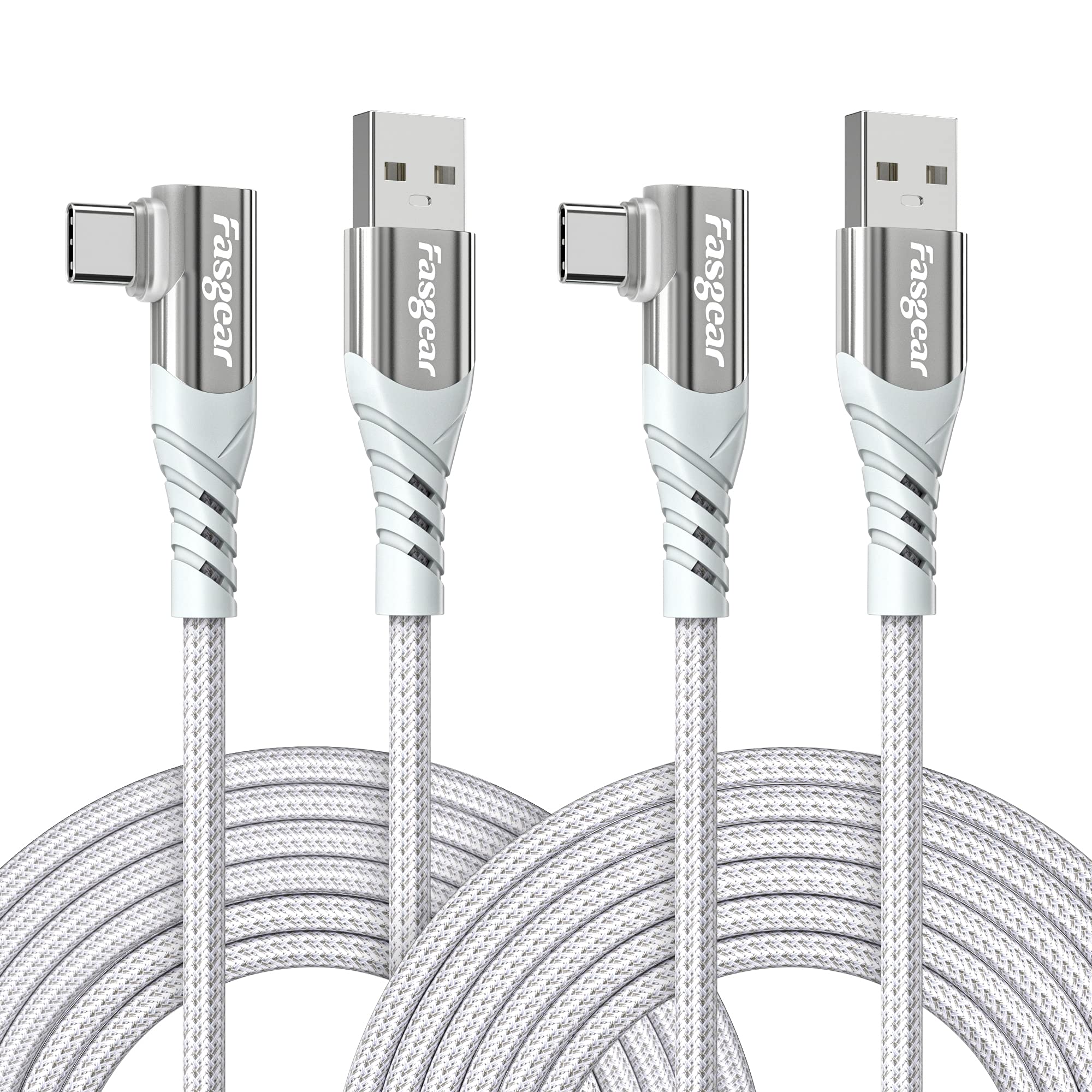 USB C 90 Degree Cable: Right Angle Type C Fast Charging Cord Quick Charge Lead Compatible with Sam-sung Galaxy S20 S10 plus S9 S8 A70 A51 | Hua-wei P30 P20 | Red-mi Note 8 (10ft, 2 White)