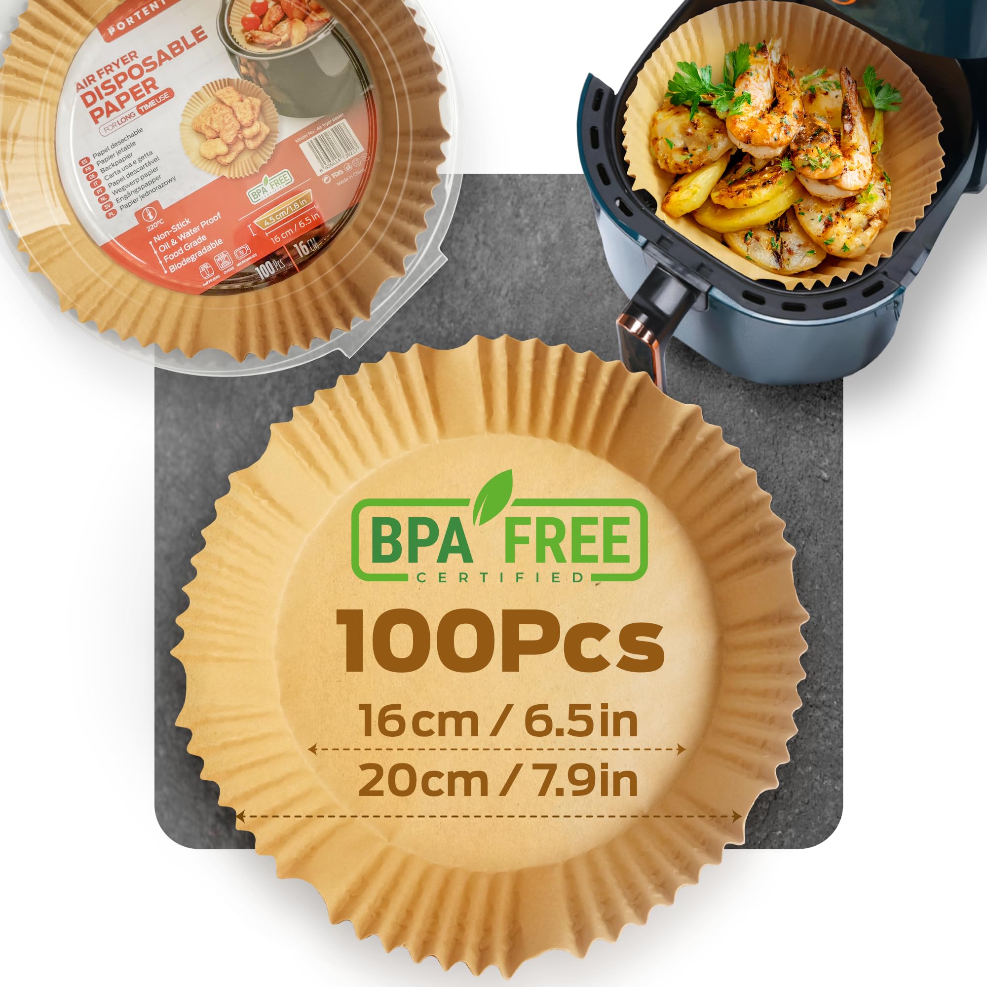 PORTENTUM Carta friggitrice aria 100 pezzi Food-Grade BPA Free da 16-20 cm Carta Air Fryer Rotondo - Ideale per una cottura sana