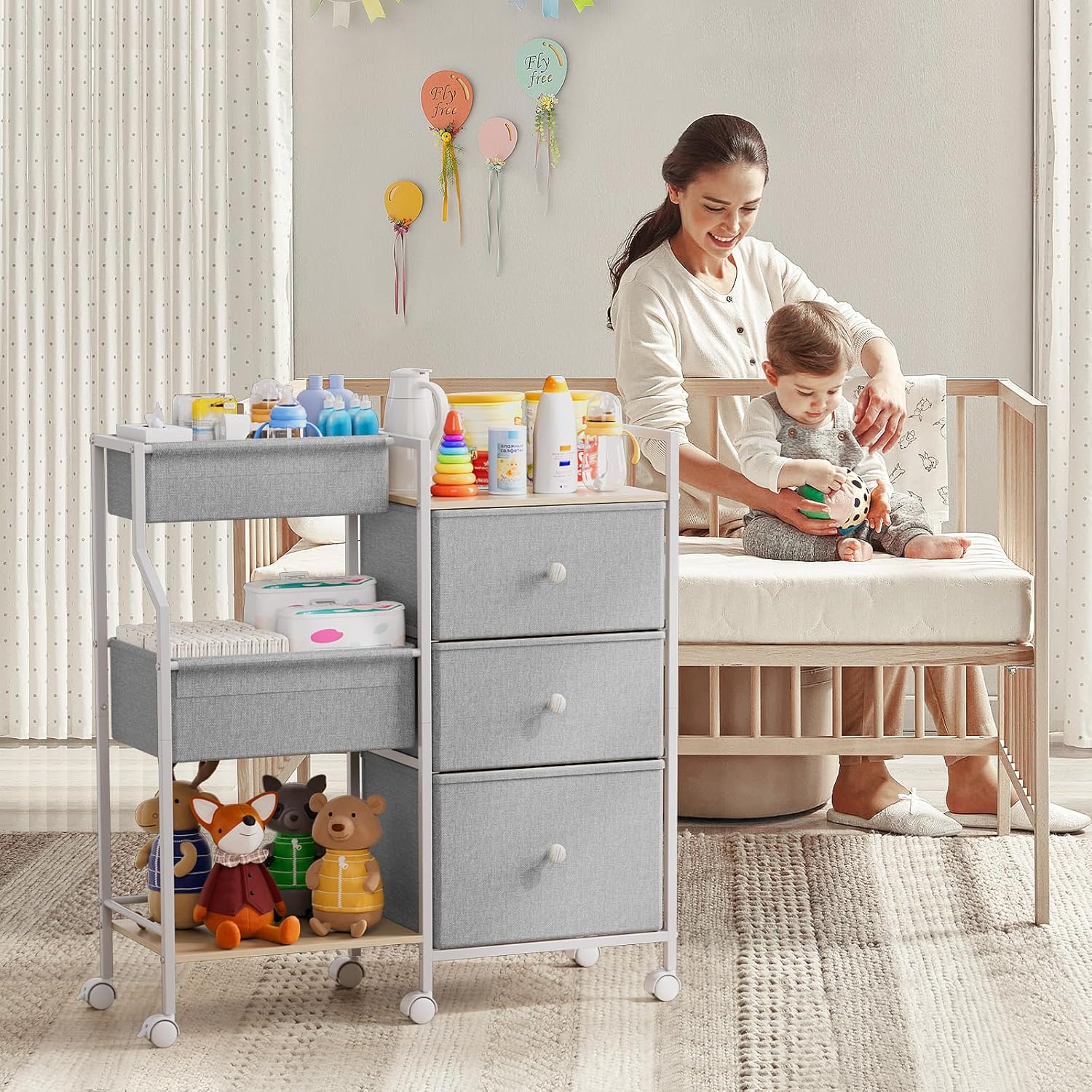 Baby Organizer and Storage - 3 Tier Rolling Cart with Dividers and Drawers, Easy To Assemble, Mobile Utility Cart with Wheels for Nursery, Bedroom, Changing Table & Crib,Light Gray