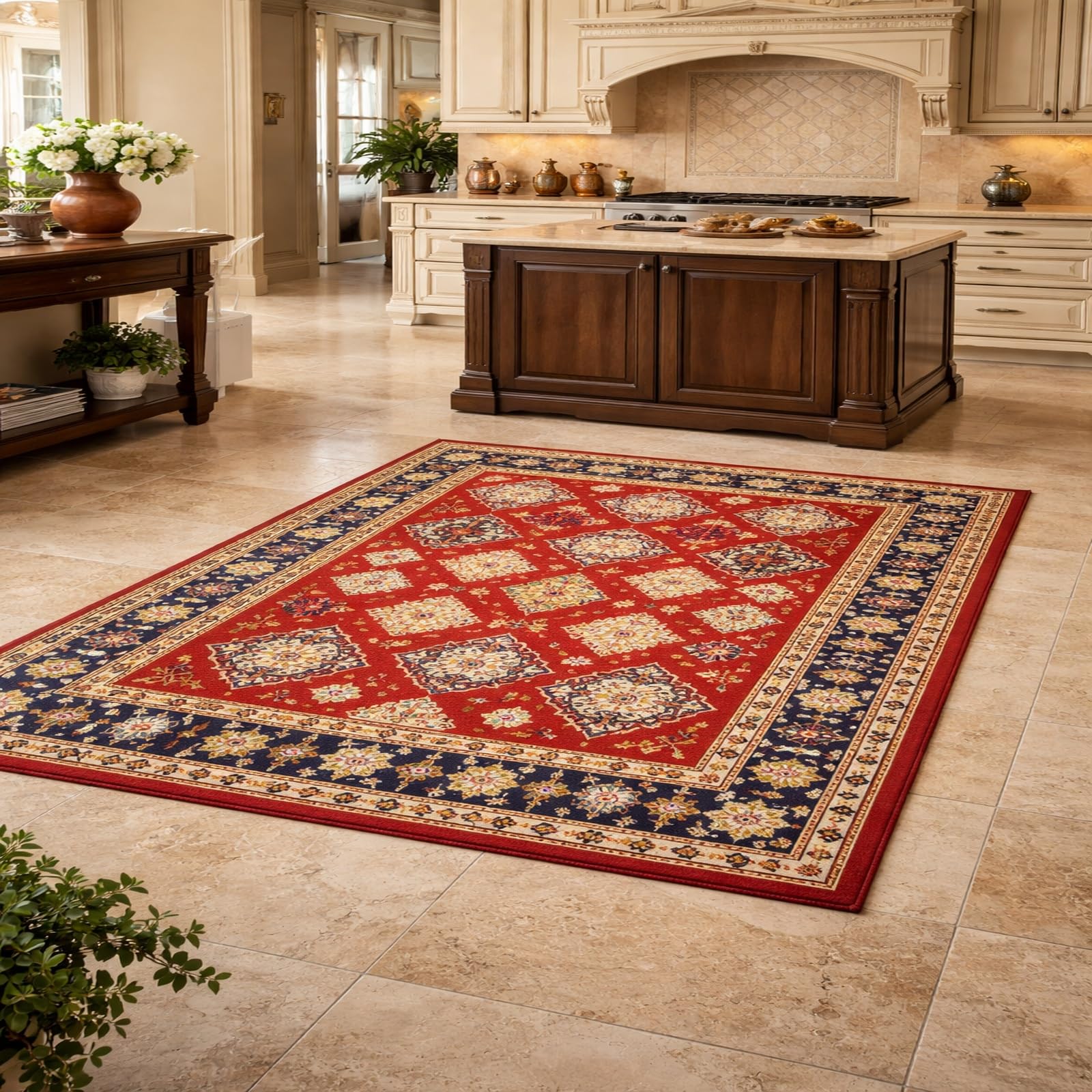 Tapis salon design moderne vintage rouge et bleu pour dynamiser votre séjour 140x160cm