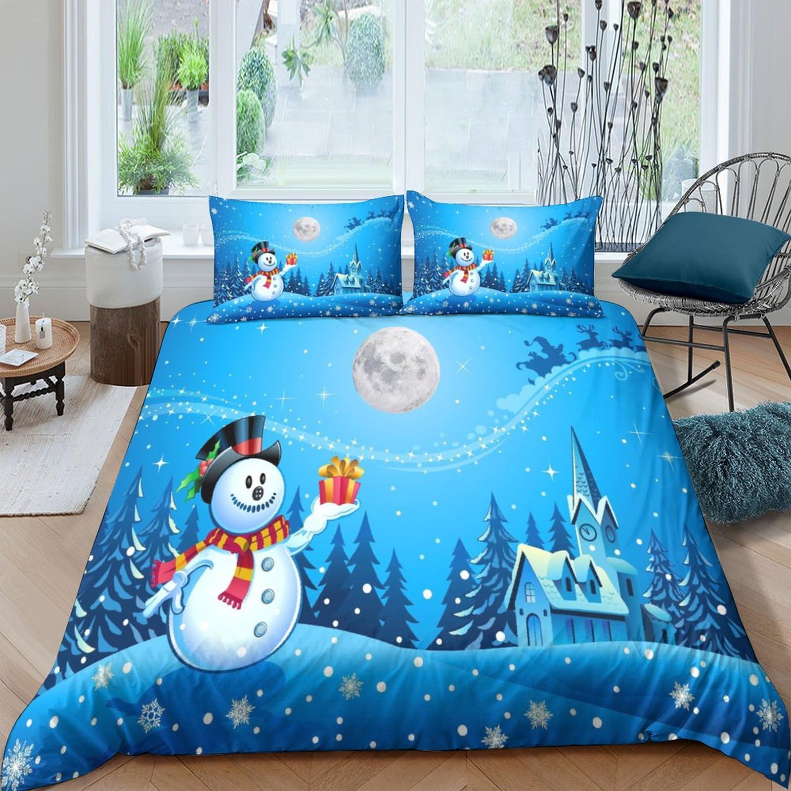 Housse de couette 3D renne parure de lit bonhomme de neige 200x200cm microfibre fermeture éclair