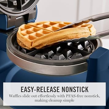 Martha Stewart Rotating Waffle Maker, 180 Flip Iron with PFAS-Free Nonstick Plates, Adjustable Timer, Ready Light, Drip Tray, Space Saving, Classic Round 7, Easy to Clean, Stainless Steel, Indigo