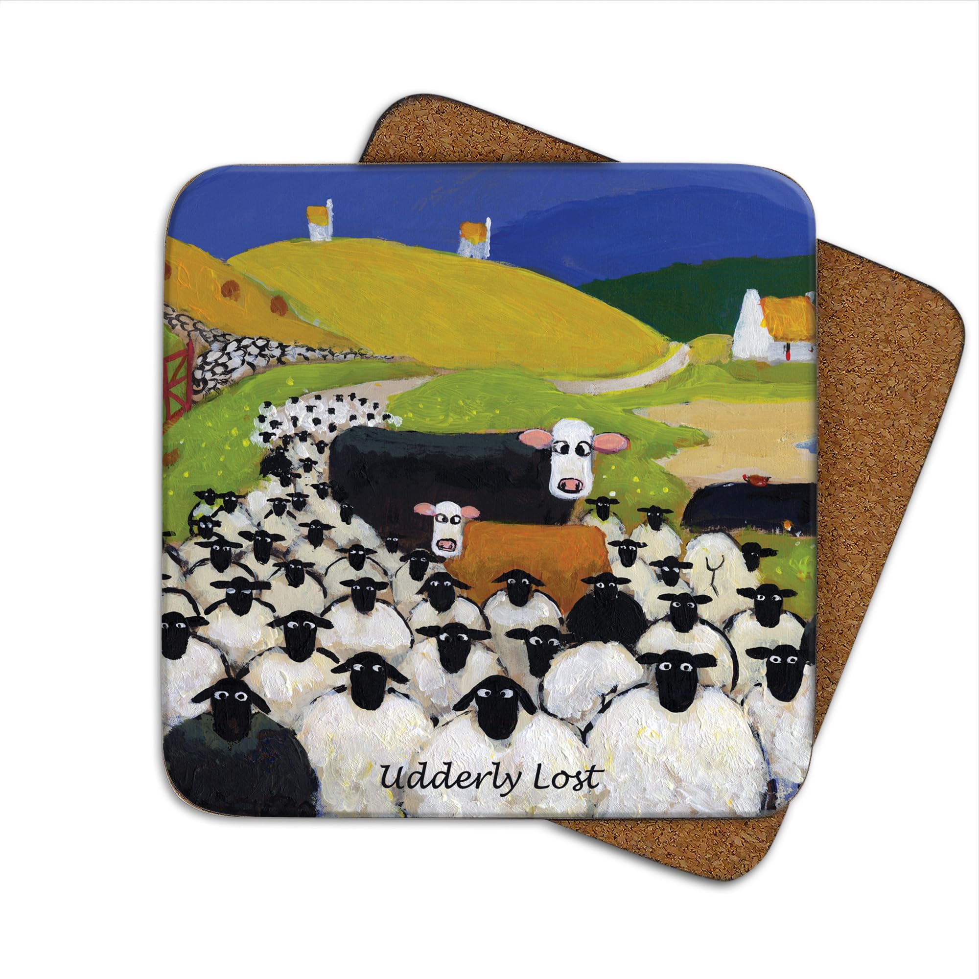 Thomas Joseph Multicolor Udderley Lost - Funny Cow And Sheep Drinks Coaster By The Whimsical World Of - Individual