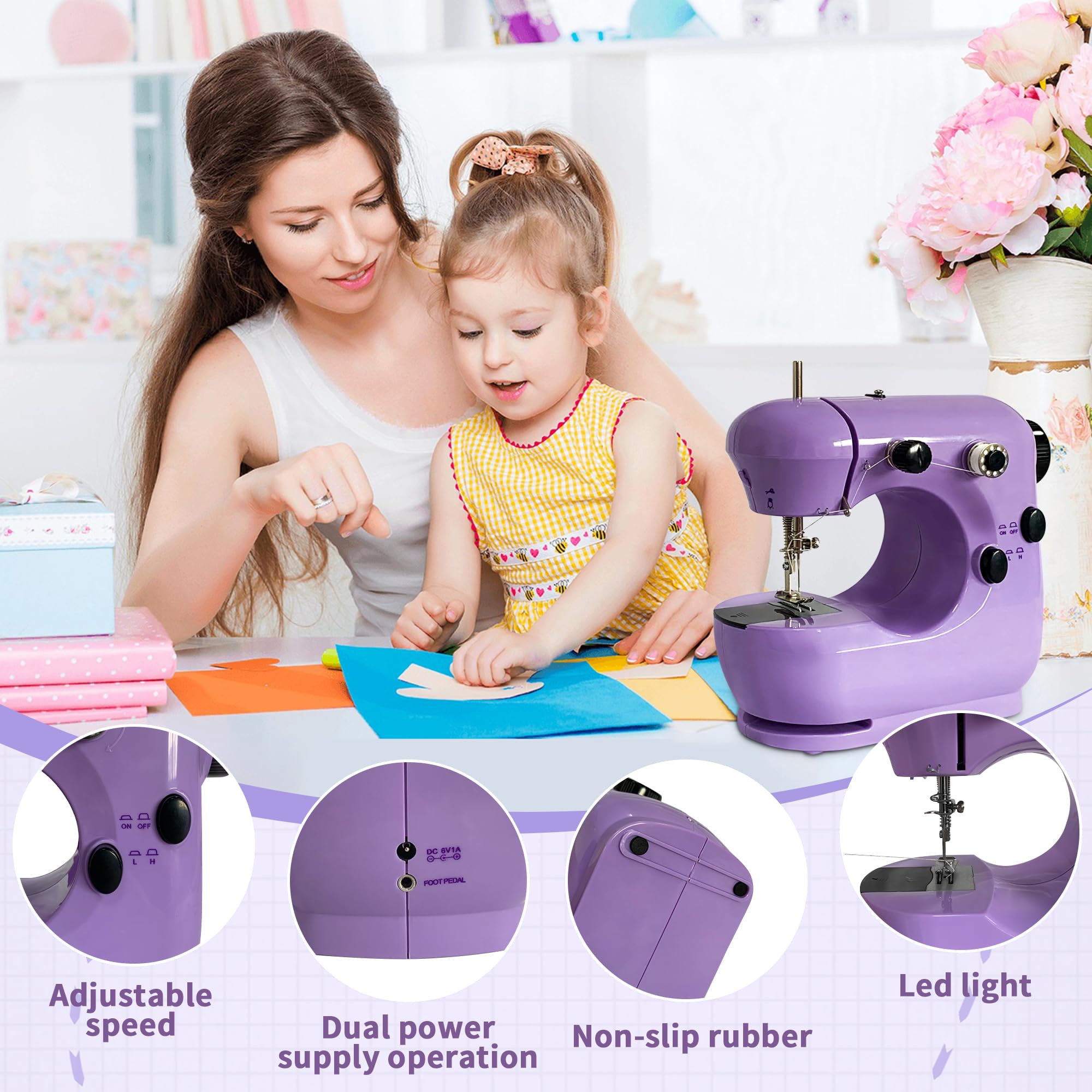 Nähmaschine für Kinder und Anfänger, 12 Stichprogrammen Tragbare Elektrische Nähmaschine, Anschiebetisch, LED-Licht, Nähmaschine Tragbare Elektrische