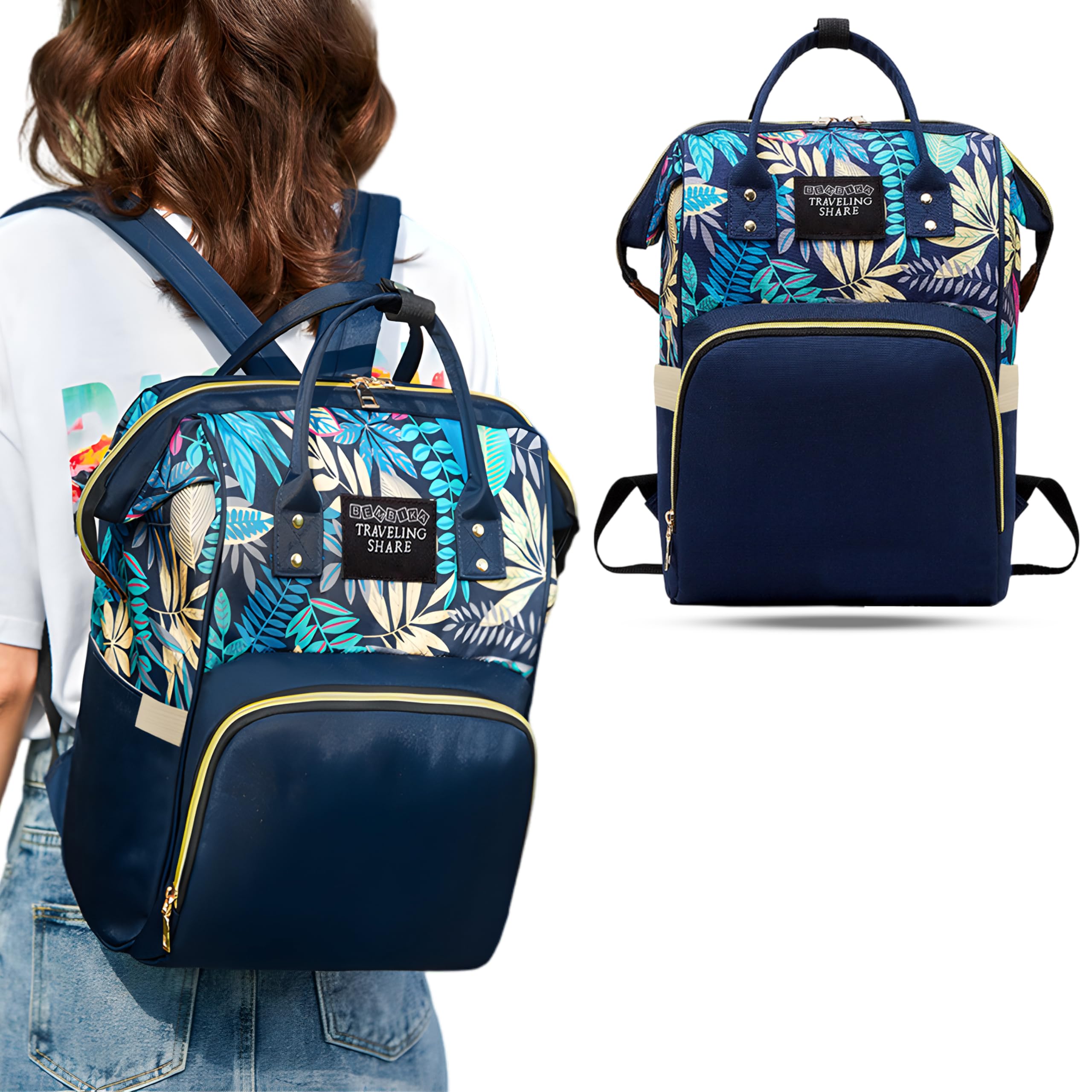 BEMBIKA Diaper Bag The Ultimate Mother Bag for New Born Baby and Mothers Stylish Diaper Bags with Big Storage Capacity Make Diapering & Nursing Easy with Maternity Backpack-Blue Leaf Design