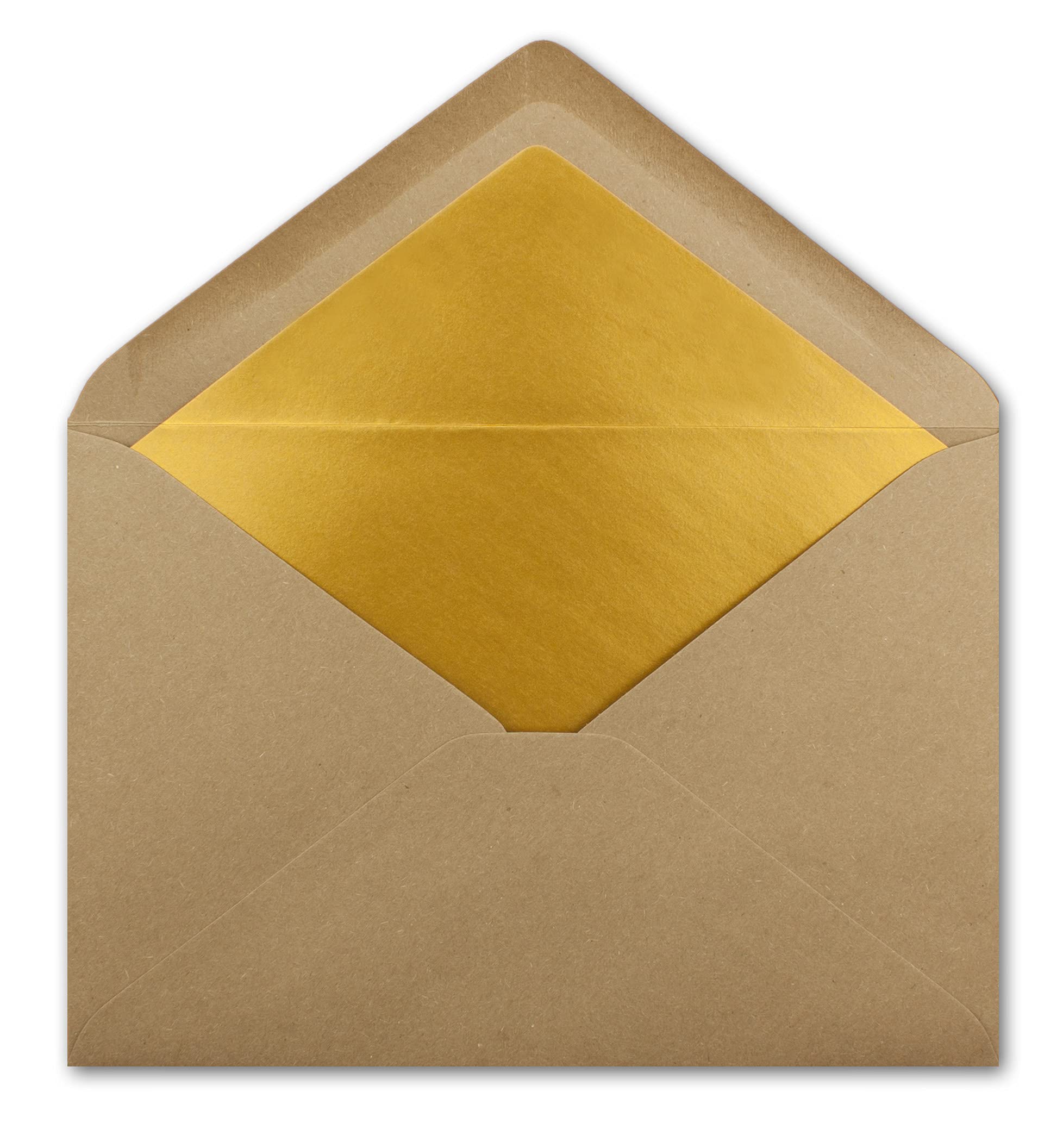 100 sobres DIN C5, 15,7 x 22,5 cm, de papel kraft en color marrón arena con forro de seda dorado, pegado en húmedo, sobres en blanco de papel reciclado, serie Umwelt