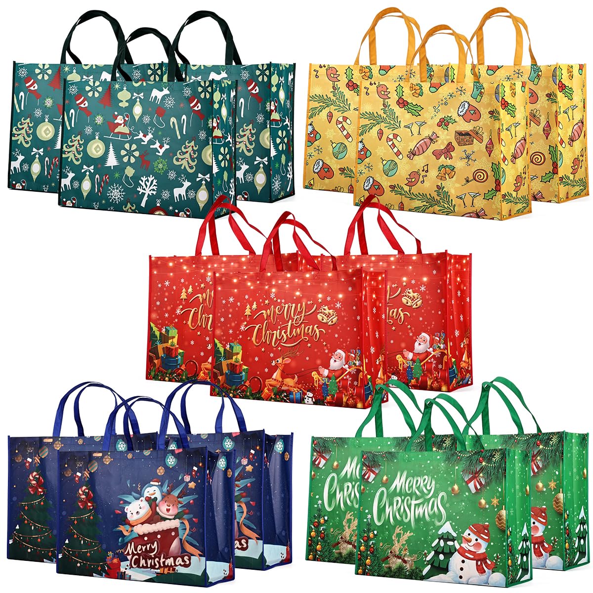 PARSUP 15PCS Giant Christmas Gift Bags, Heavy Duty Treat Tote Grocery Bags with Handles, Sewing Multifunctional Non-Woven Bags for Gifts Wrapping Shopping, Xmas Party Supplies, 21.26