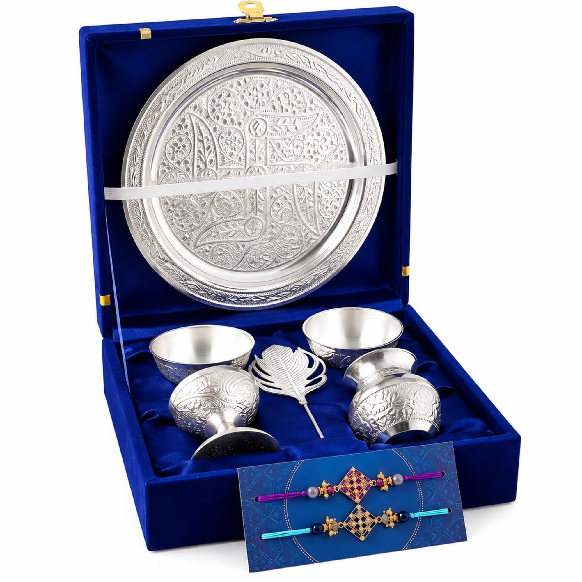 Anand Crafts Designer Rakhi for Brother with German Silver Swastik Pooja Thali Set | Includes 2 Bowls, Kalash, Diya & Premium Velvet Gift Box | Raksha Bandhan Gift Set-image-14