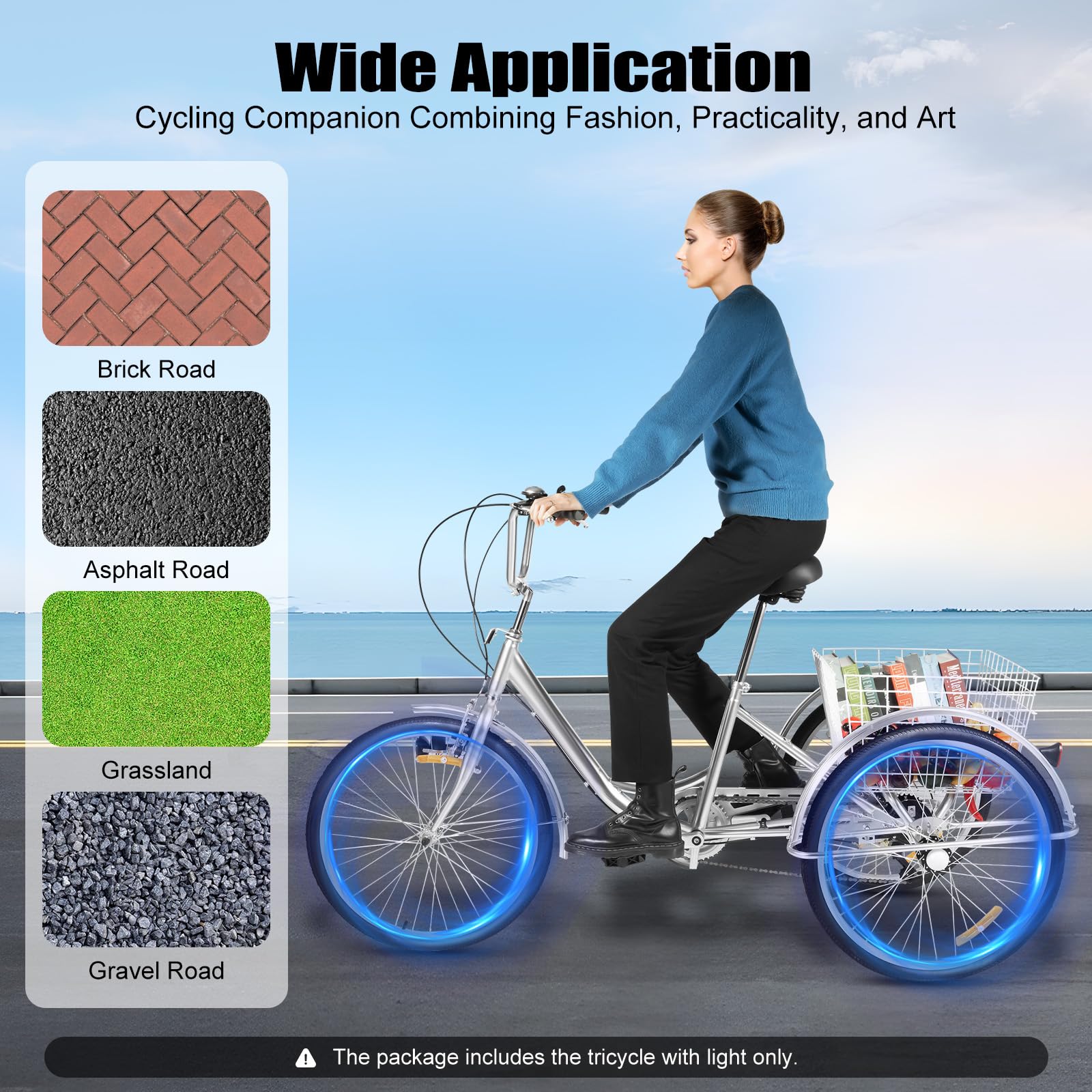 Triciclo per adulti, 24 pollici, 3 ruote per adulti, Shimano 6 marce Cruise Trike Cargo Bike con cestino, bicicletta per sport all'aria aperta e shopping