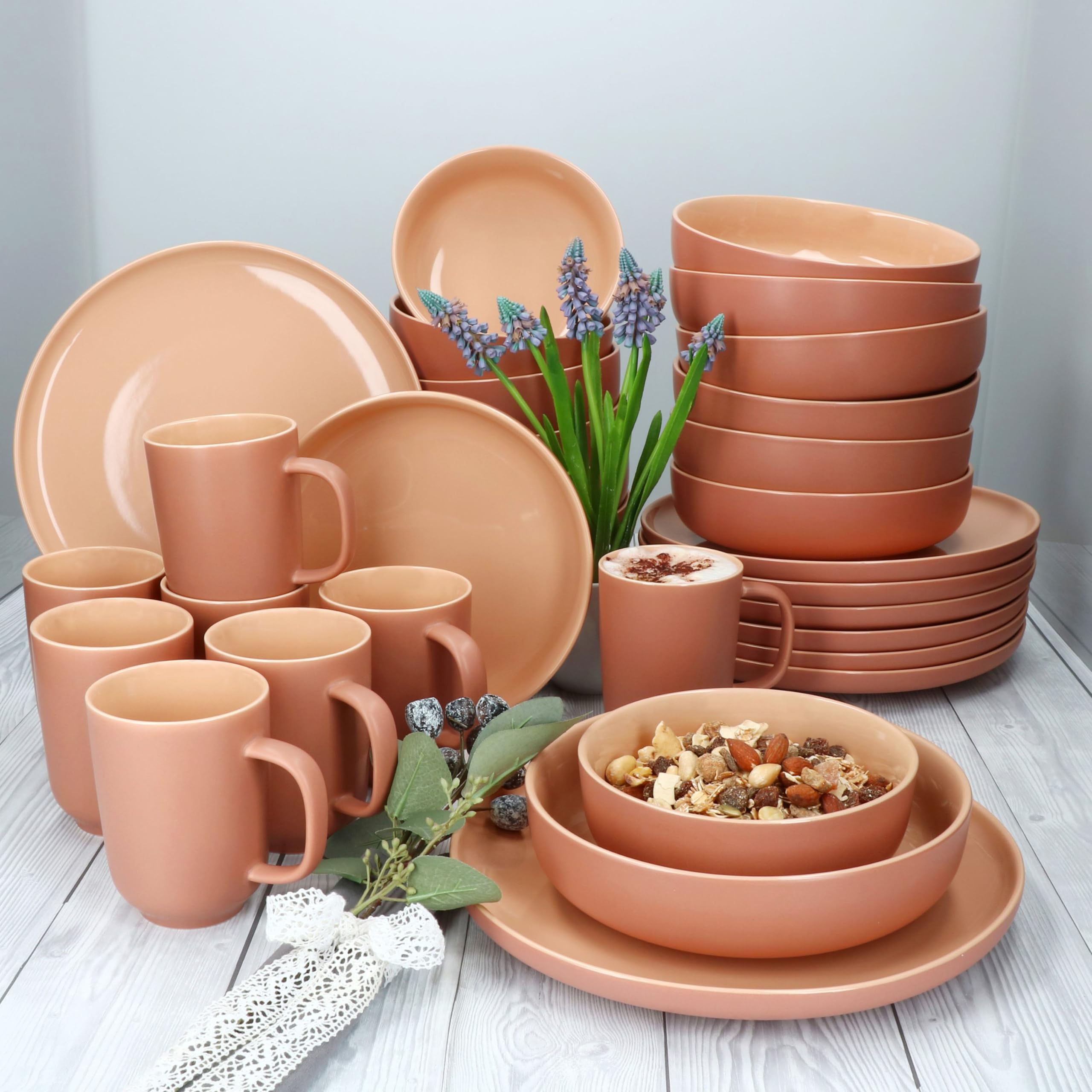 Ritzenhoff & Breker Jasper 32-delig combiservies voor 8 personen, aardewerk serviesset met elk 8 x koffiekopjes 170 ml, kommen 360 ml, soepborden en platte borden, ontbijt, lunch en koffie, grijsblauw