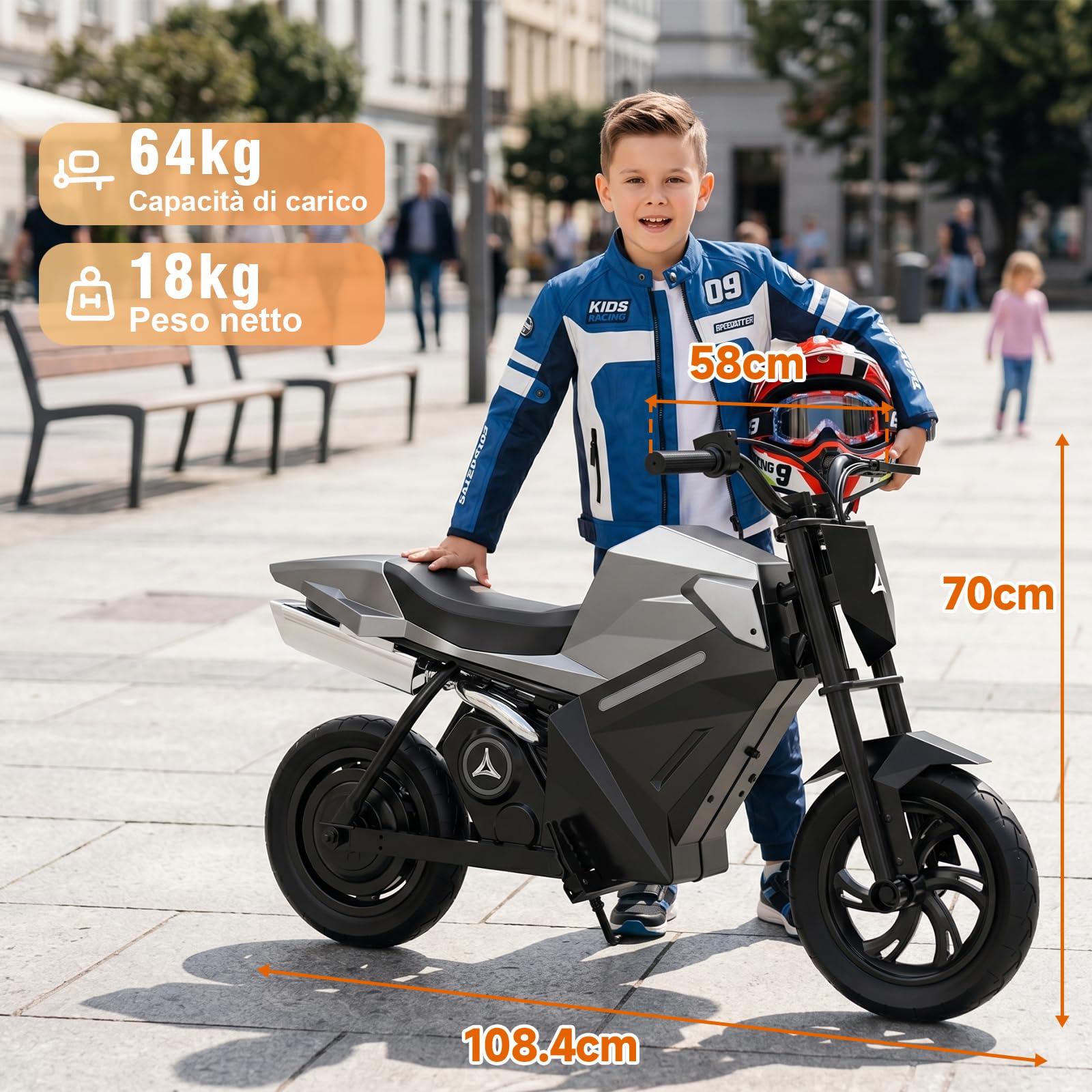 Motocicletta Elettrica per Bambini, Mini Moto Cross con Motore Posteriore 350W (Picco), Batteria al Litio 21.6V 4Ah, Autonomia 16km, Pneumatici Gonfiabili da 12.5", Freno a Disco, CE