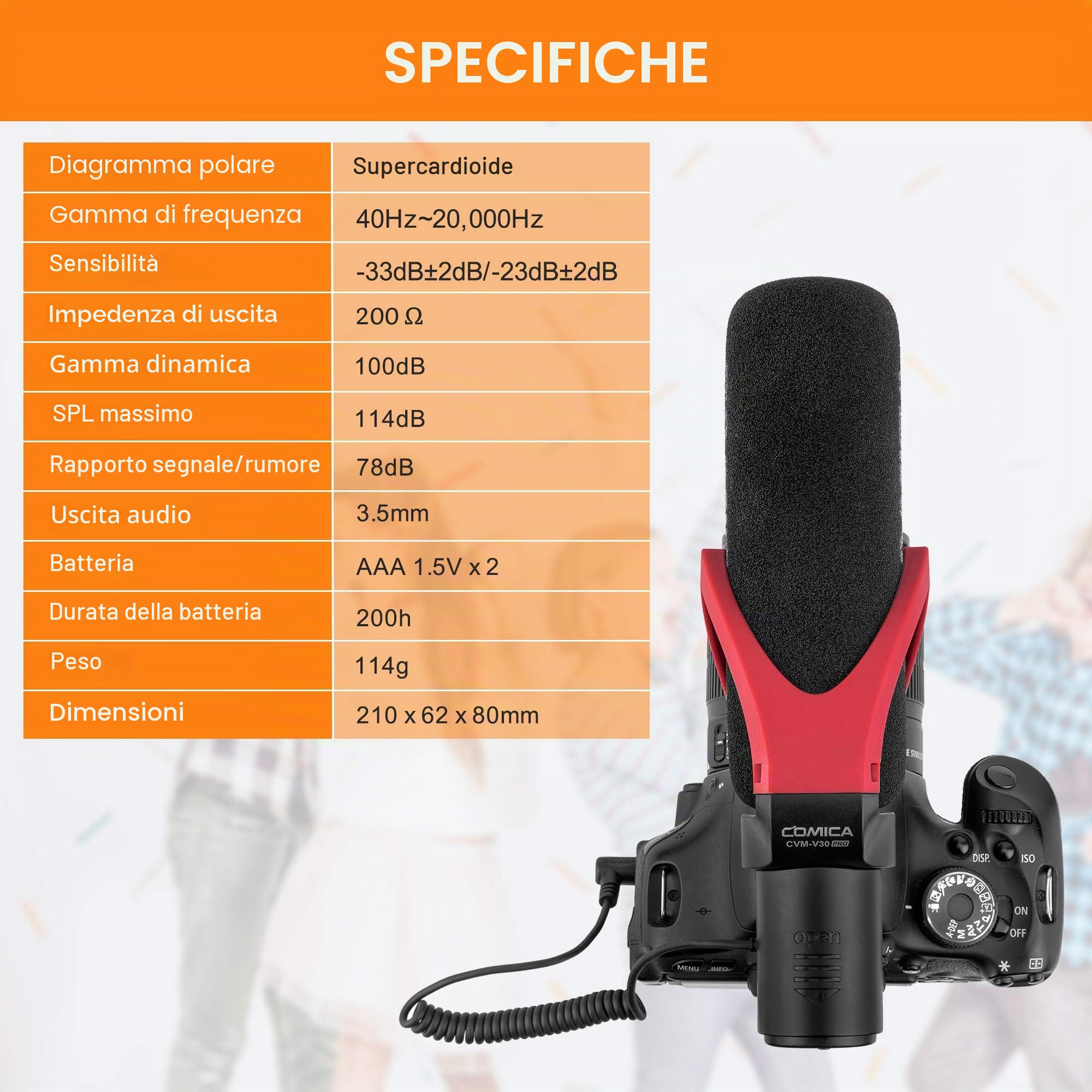 CVM-V30PRO R Super Cardioide Shotgun Camera Microfono video a Condensatore Mic per Sony Nikon Canon Panasonic Fuji Olympus DSLR Fotocamera/Videocamera/Camcorder(con Windmuff)