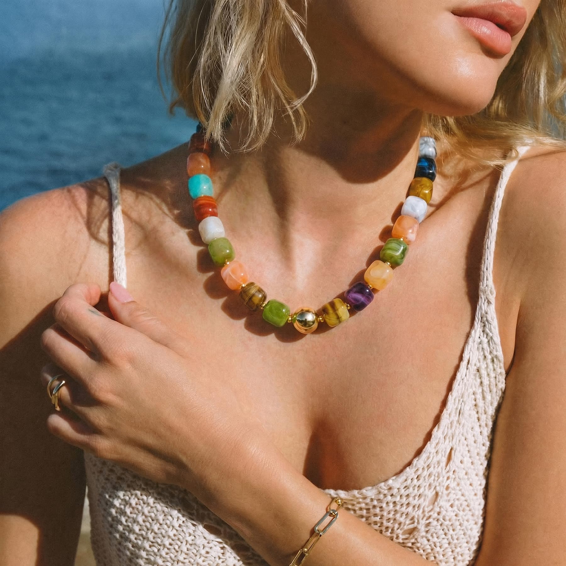 Chunky Colorful Beaded Choker Necklace for Women, Summer Beach Statement Resin Beads Necklace, Trendy Womens Summer Beach Jewelry Birthday Gifts for Vacation Holiday - 4