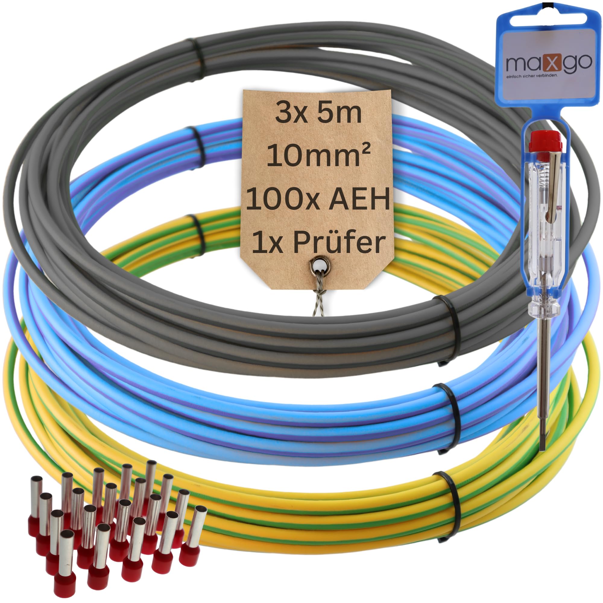 Verdrahtungsleitung Verdrahtungssatz Einzelader 10mm² Aderleitung flexibel für Zählerplatz, Erdungskabel & Verdrahtungsbrücken 3x5m inkl. 100 Aderendhülsen & Stromprüfer