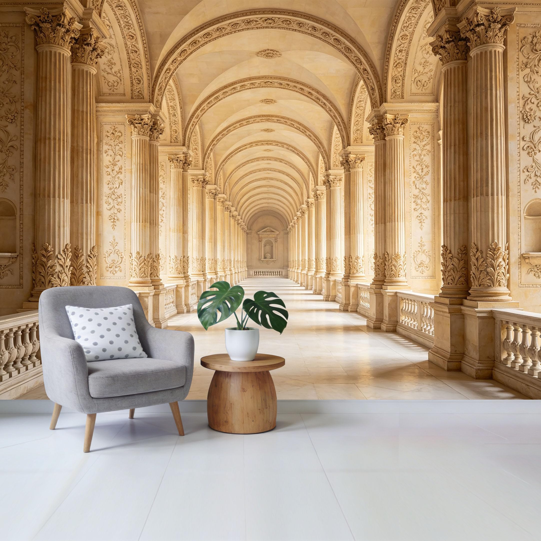 Removable Self Adhesive Fabric Mural， Neoclassical Palace Hallway Custom Size Wall Covering， UV Protected Waterproof Washable Wall Decor for Living Room Bedroom Bathroom