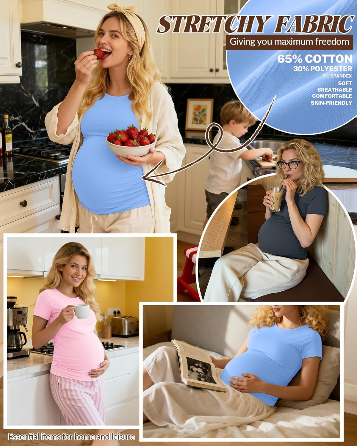 Huukeay 4 Pack Women's Maternity Shirts, Crew Neck Maternity Top Short Sleeve Casual Cotton Tee Side Ruched Pregnancy Clothes - Image 4