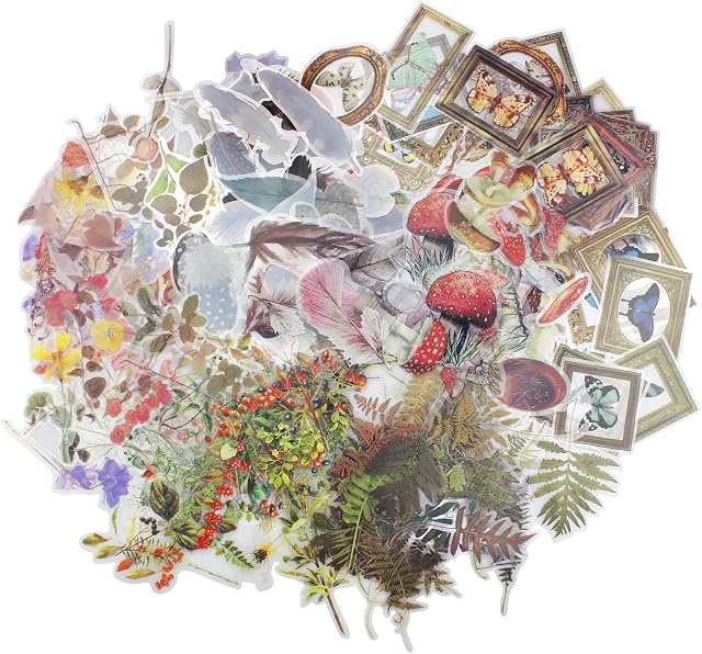 240 Pcs Transparent Stickers for Scrapbooking,PET Special Shaped Scrapbook Vintage Sticker Set,6 Set Waterproof Nature Themes Plants Stickers, for Scrapbooking,Laptops,Notebook,DIY Crafts