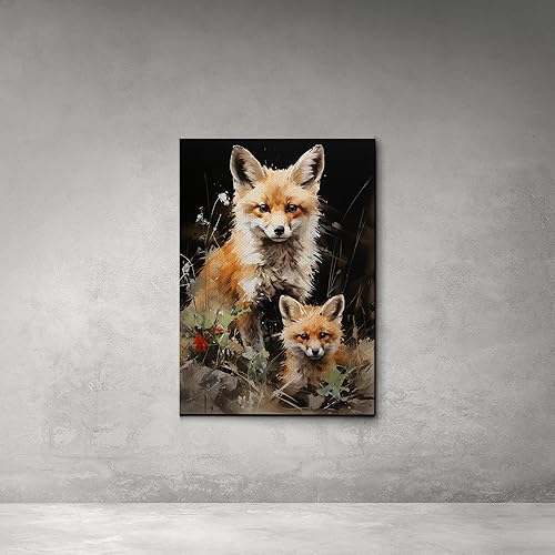 Miniatura 5 de Fox Mother Cub Prints, In The Style Of Stencil,Based, Ivory, Kids Wall Art, Kids Wall Art Display, Mom And Baby Animal Art Print, Decor Canvas, Art