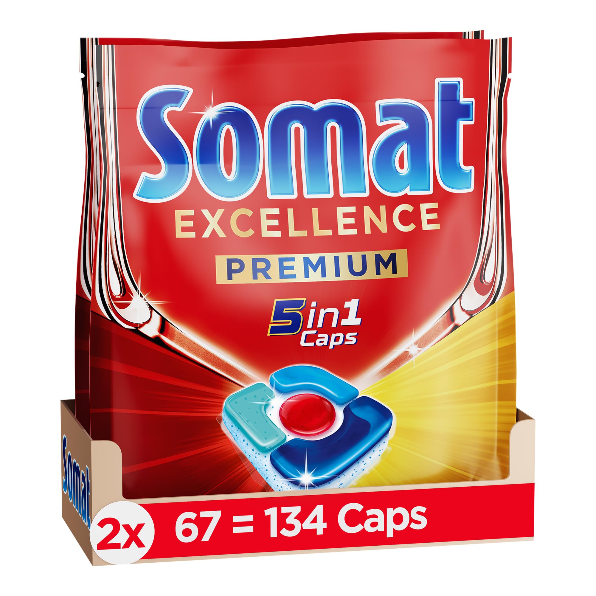 Somat Excellence Premium 5 en 1 Caps (134 Caps), pastillas para lavavajillas de liberación rápida con Extra Boost, Somat Caps eliminan incluso 72 h de restos de comida secos y persistentes